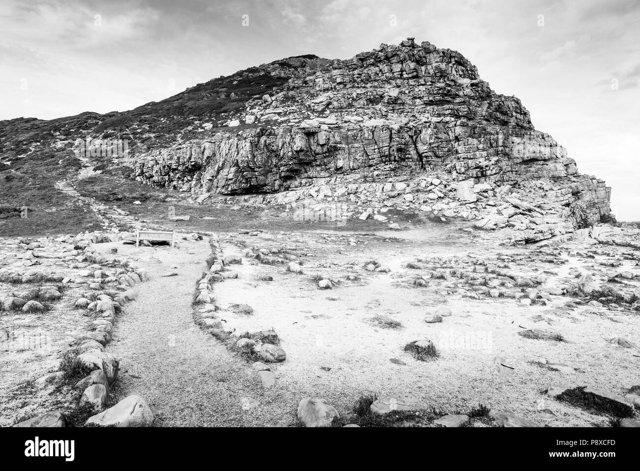 Pathway up to the Cape of Good Hope, Cape Peninsula, South Africa in black and white Stock Photo