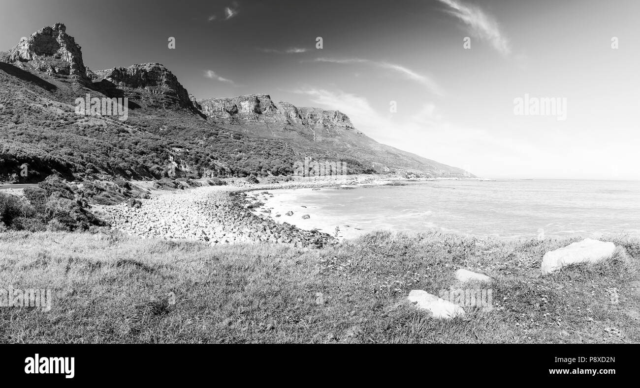 Coastline along the Chapman's Peak Drive near Cape Town in South Africa, Africa in black and white Stock Photo