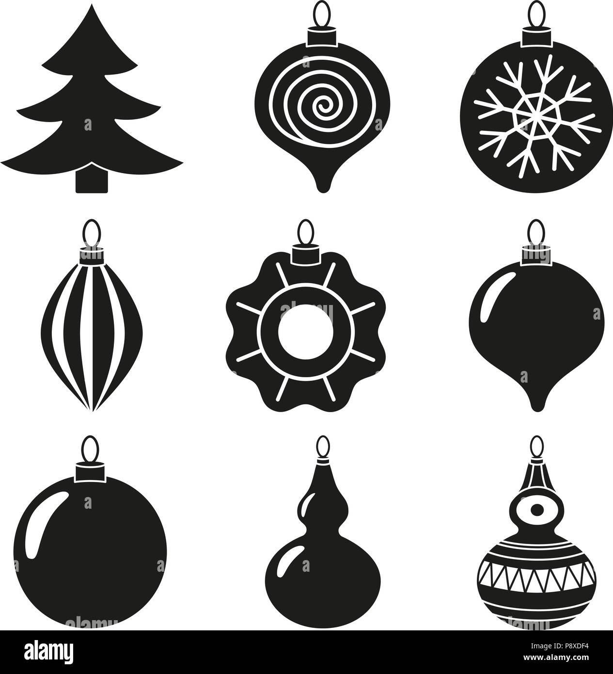 Black and white xmas tree decoration silhouette set. Holiday themed ...
