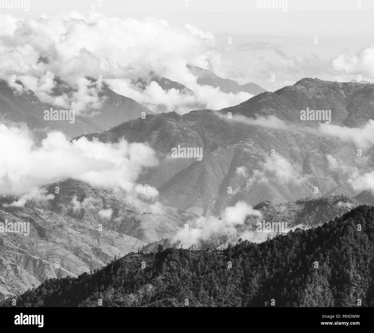 Landscape scenic of mountains around San Marcos in Guatemala in black and white Stock Photo