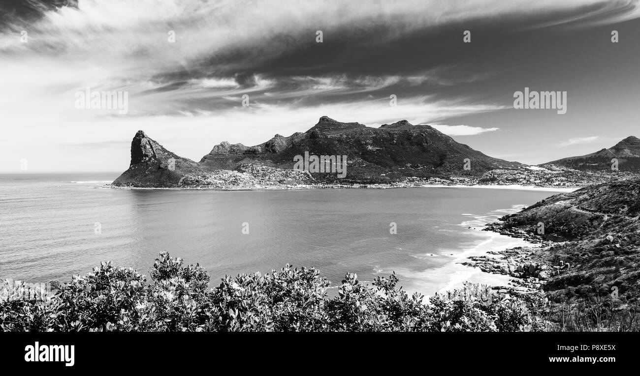 Panorama of Hout Bay near Cape Town, South Africa in black and white Stock Photo
