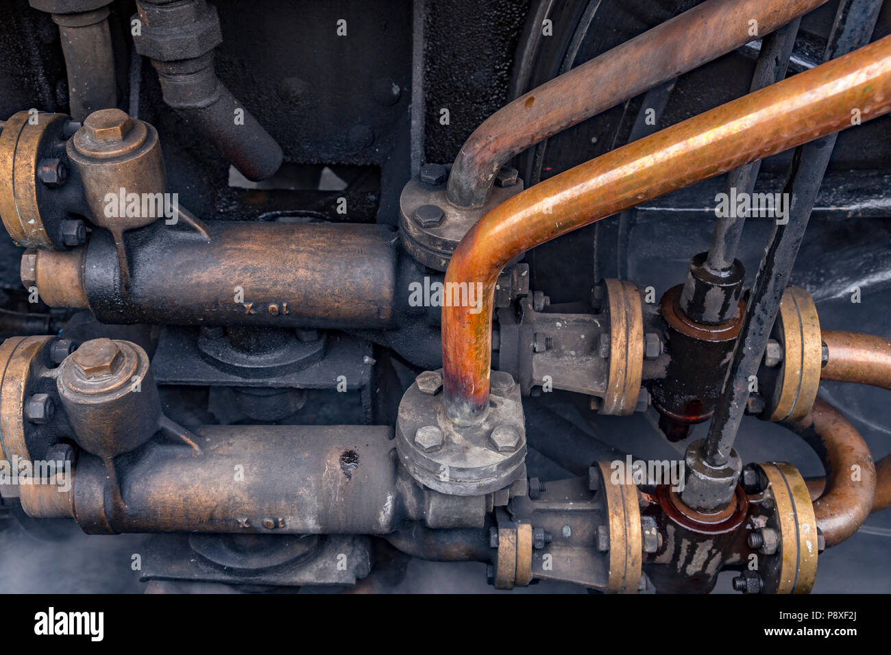 Detail of steam train at Waybourne station, Norfolk, England Stock Photo