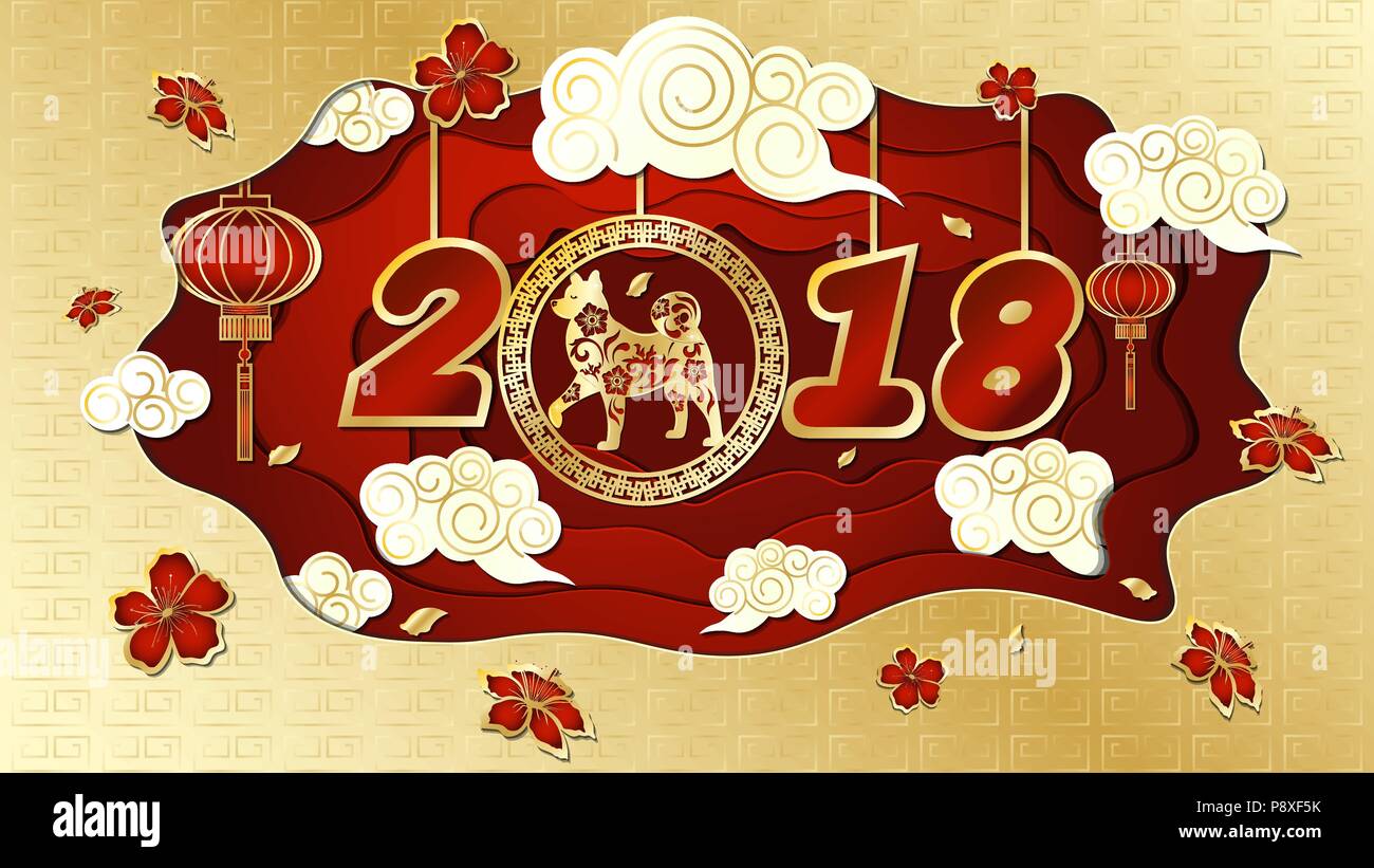 Dog is a symbol of the 2018 Chinese New Year. Paper cut art. Design for