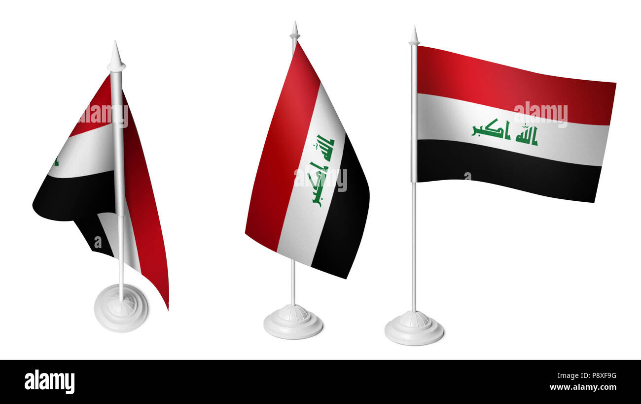 Isolated 3 Small Desk Iraq Flag waving 3d Realistic Iraqi Desk Flag Stock Photo
