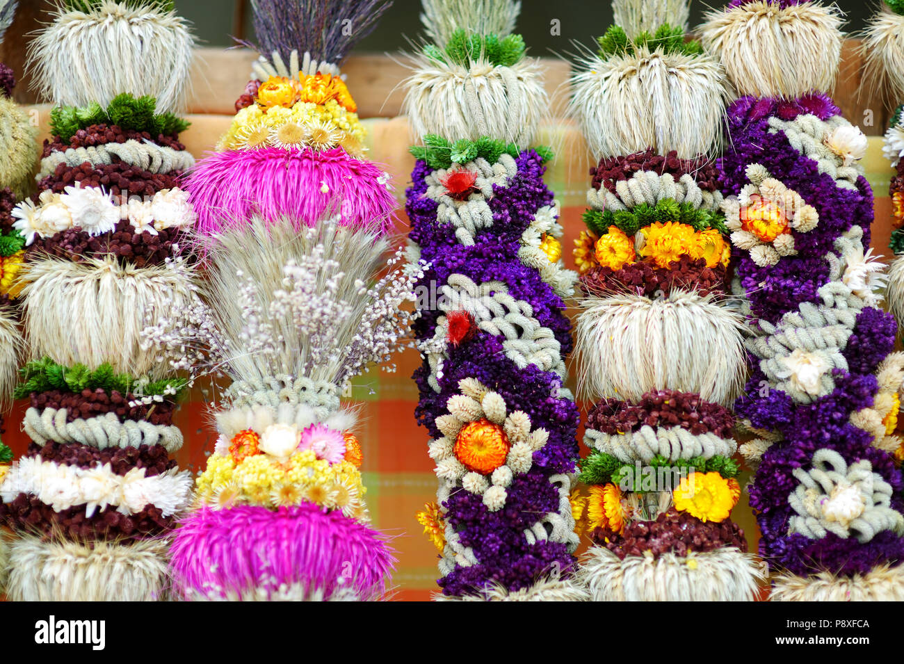 Traditional Lithuanian Easter palm known as verbos sold on spring market in Vilnius, Lithuania Stock Photo