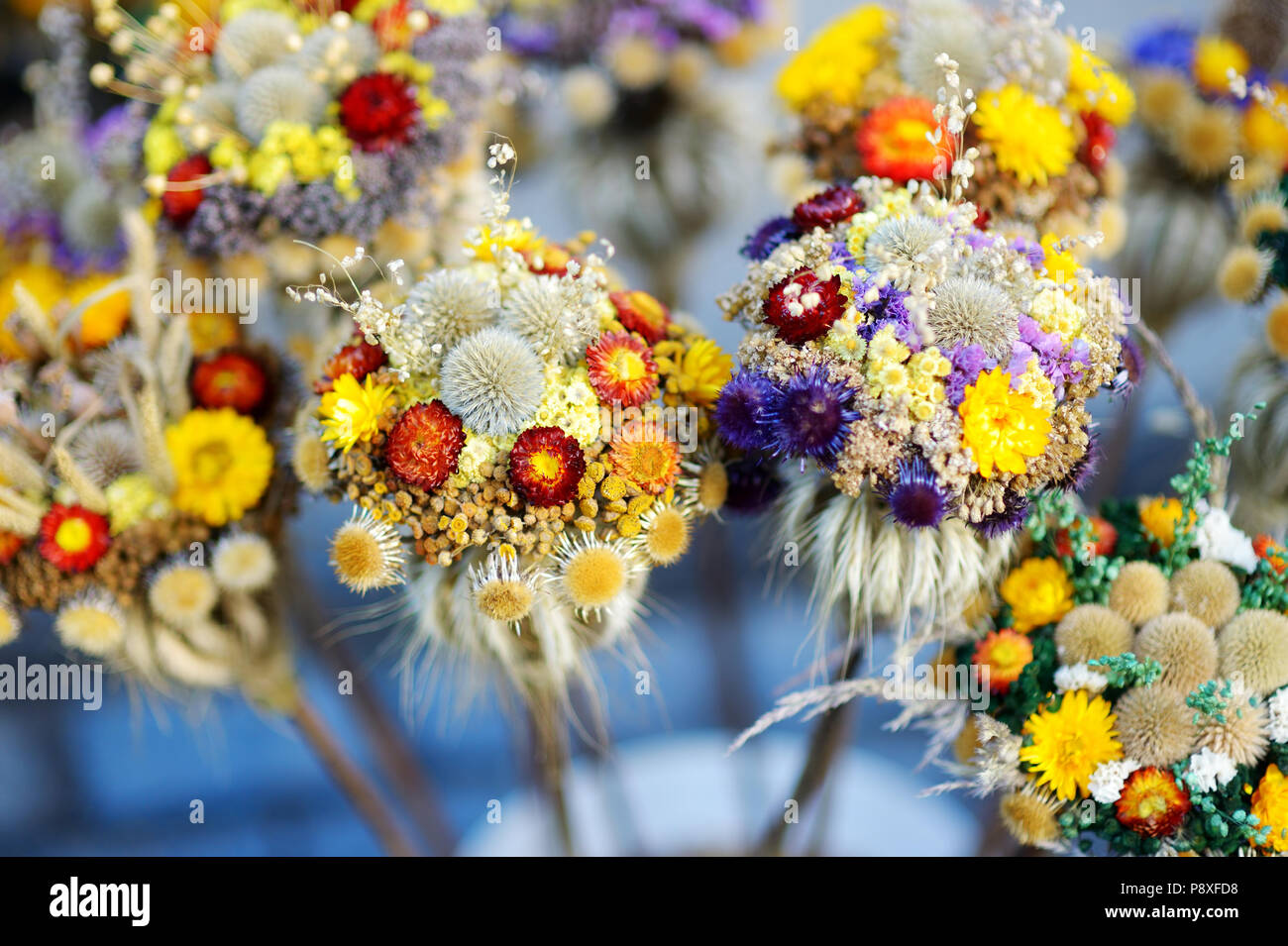 Traditional Lithuanian Easter palm known as verbos sold on spring market in Vilnius, Lithuania Stock Photo