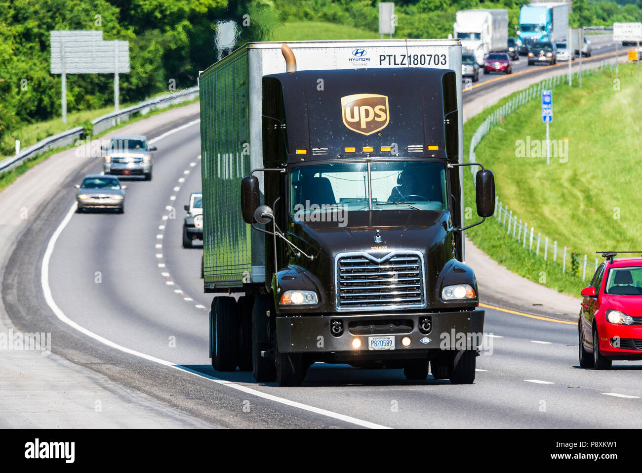 Near Knoxville, TN, USA -- 6/6/2018: A loaded UPS 18-wheeler travels I-40 near Knoxville, TN. Stock Photo