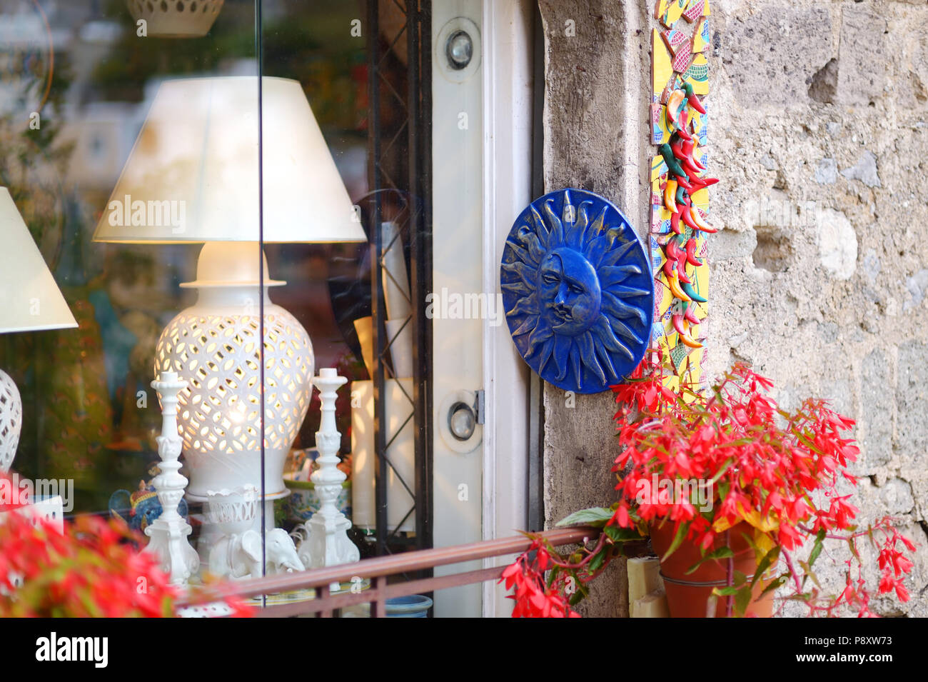 POSITANO, ITALY - MAY 28, 2015: Typical ceramics sold in beautiful town ...