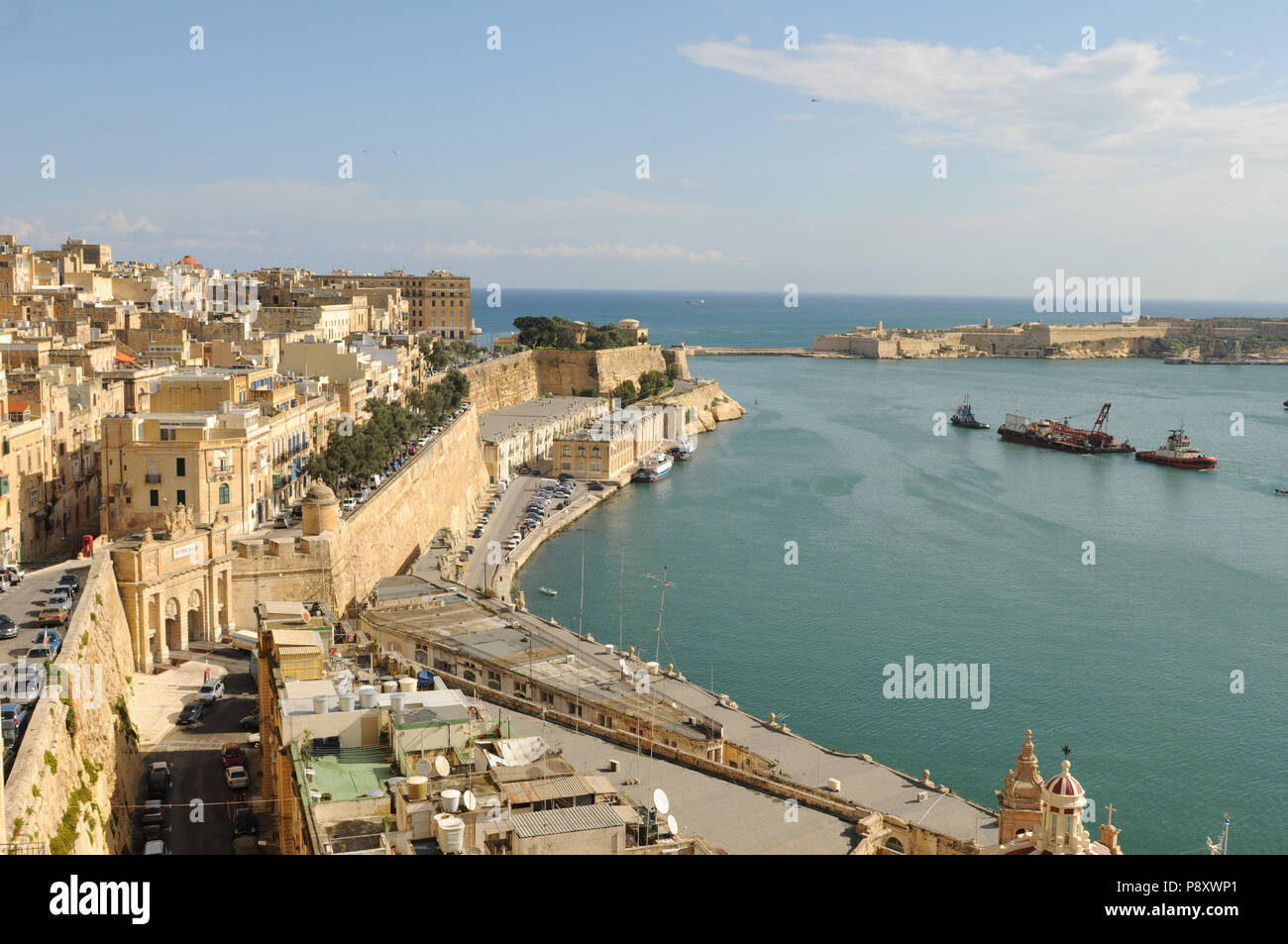 Malta: The view from upper Baracca Garden in Valetta City to the harbour Stock Photo