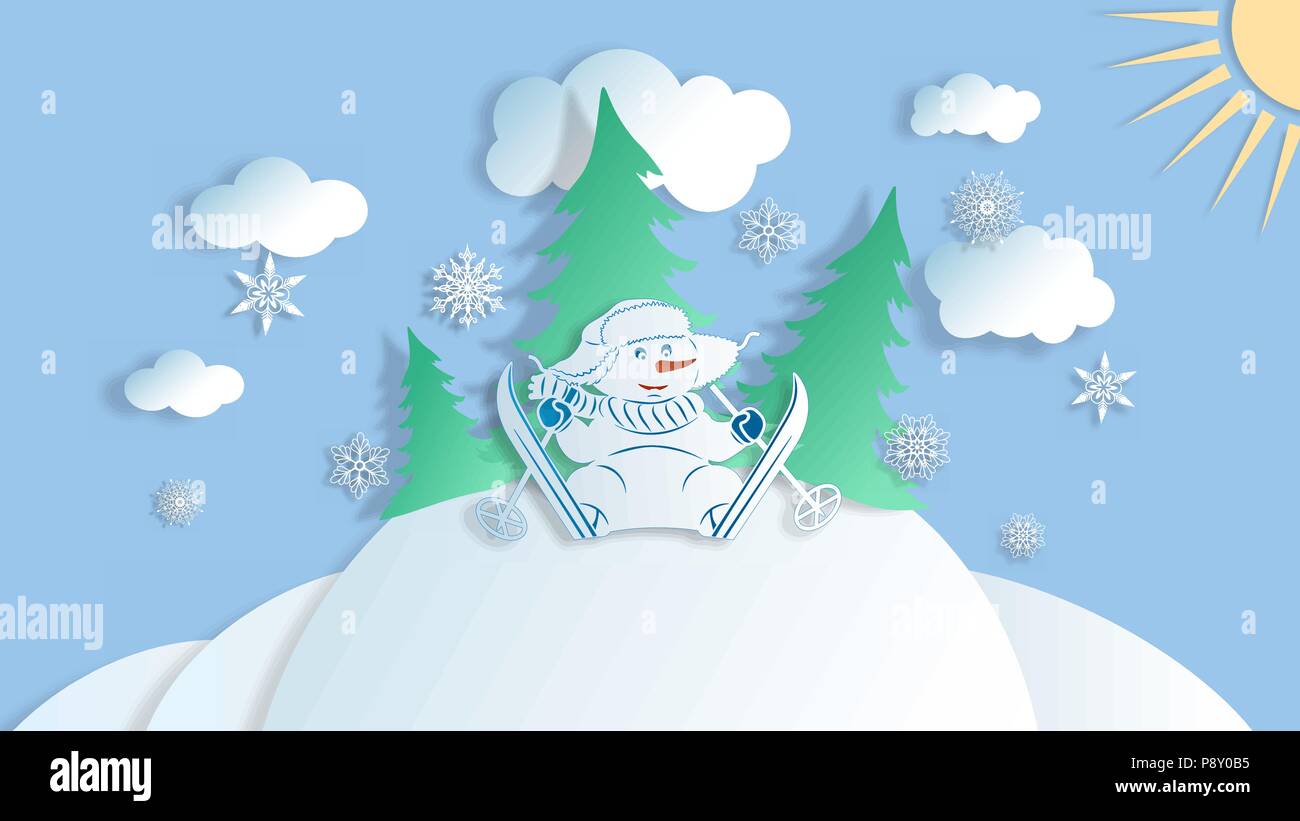 Winter holiday snow and snowman with blue sky background. Christmas ...