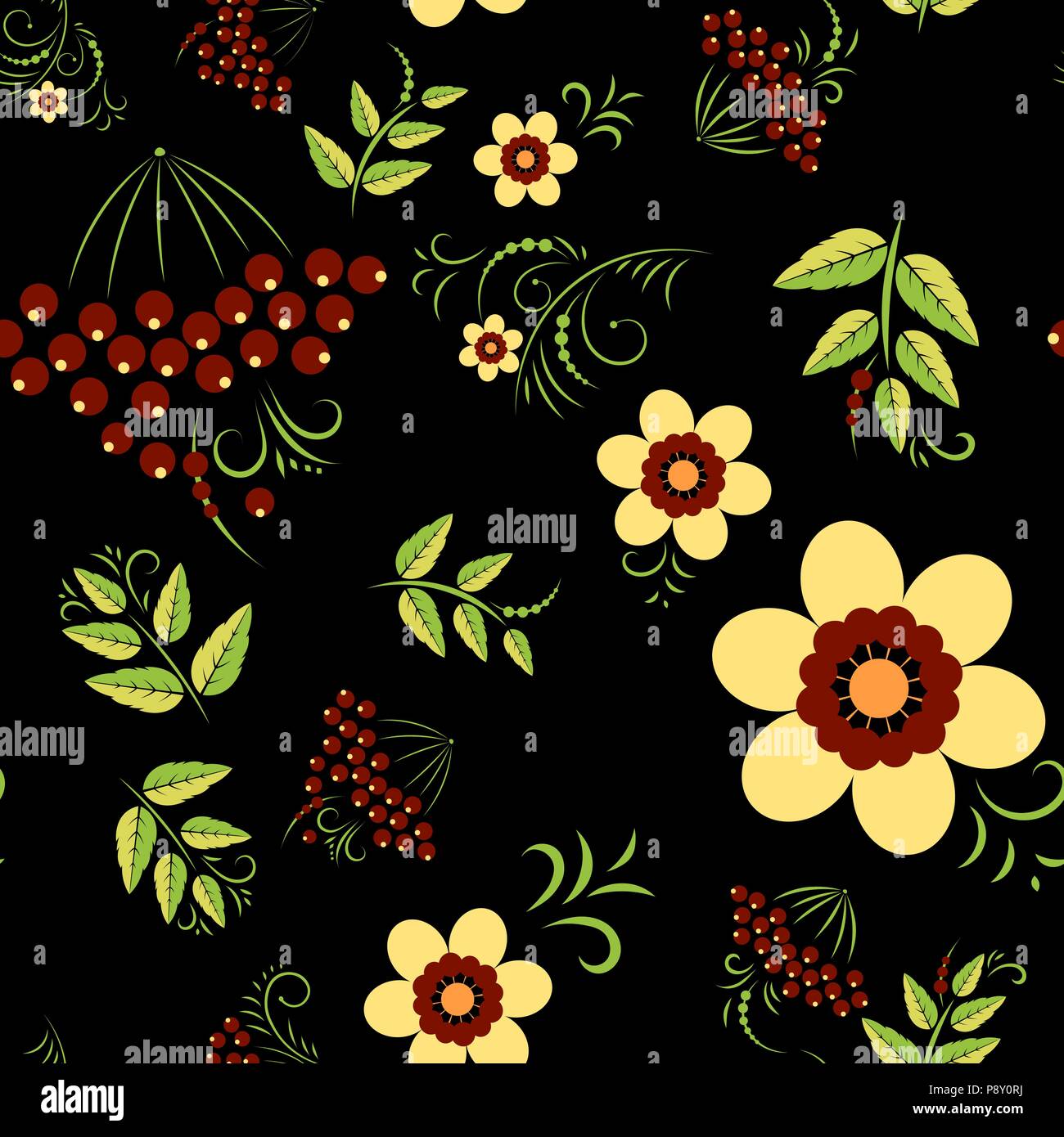 Russian seamless pattern in floral folk tradition with currant on black ...