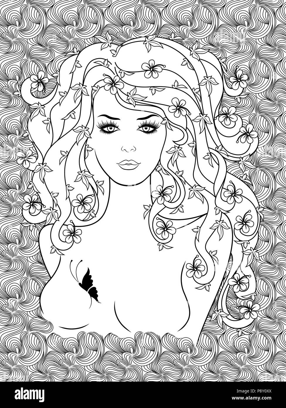 Black contour of charming girl with floral luxurious hair on the stylized decorative background, hand drawing vector Stock Vector