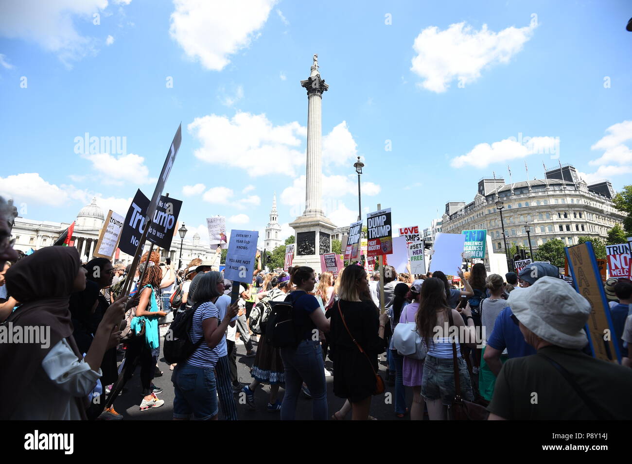 Demonstrators in Trafalgar Square, London, take part in protests against the visit of US President Donald Trump to the UK. Stock Photo