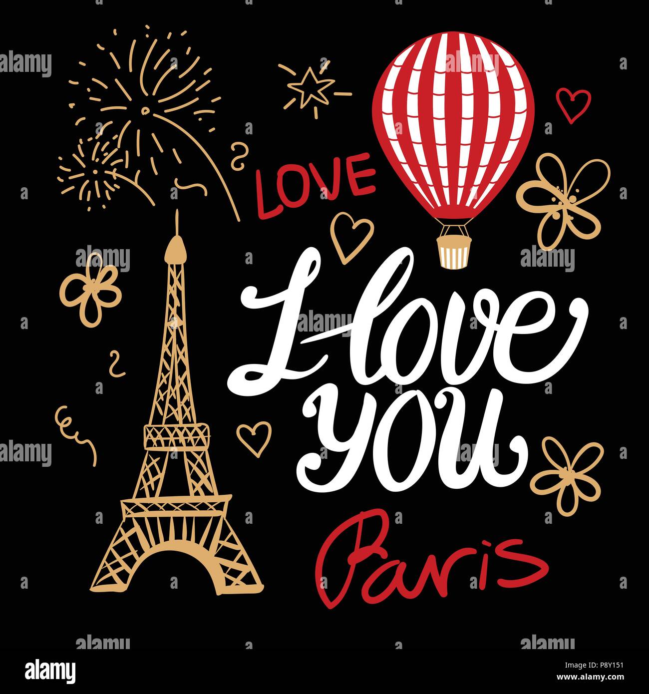 I love you in a vintage Parisian style fashion. Vector illustrations elements Eiffel Tower, air balloon and lettering. Stock Vector