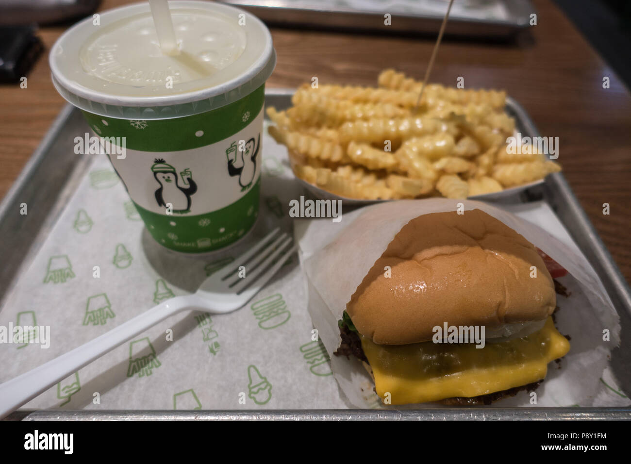 Shake shack burger and chips in Cardiff city centre, Great Britain