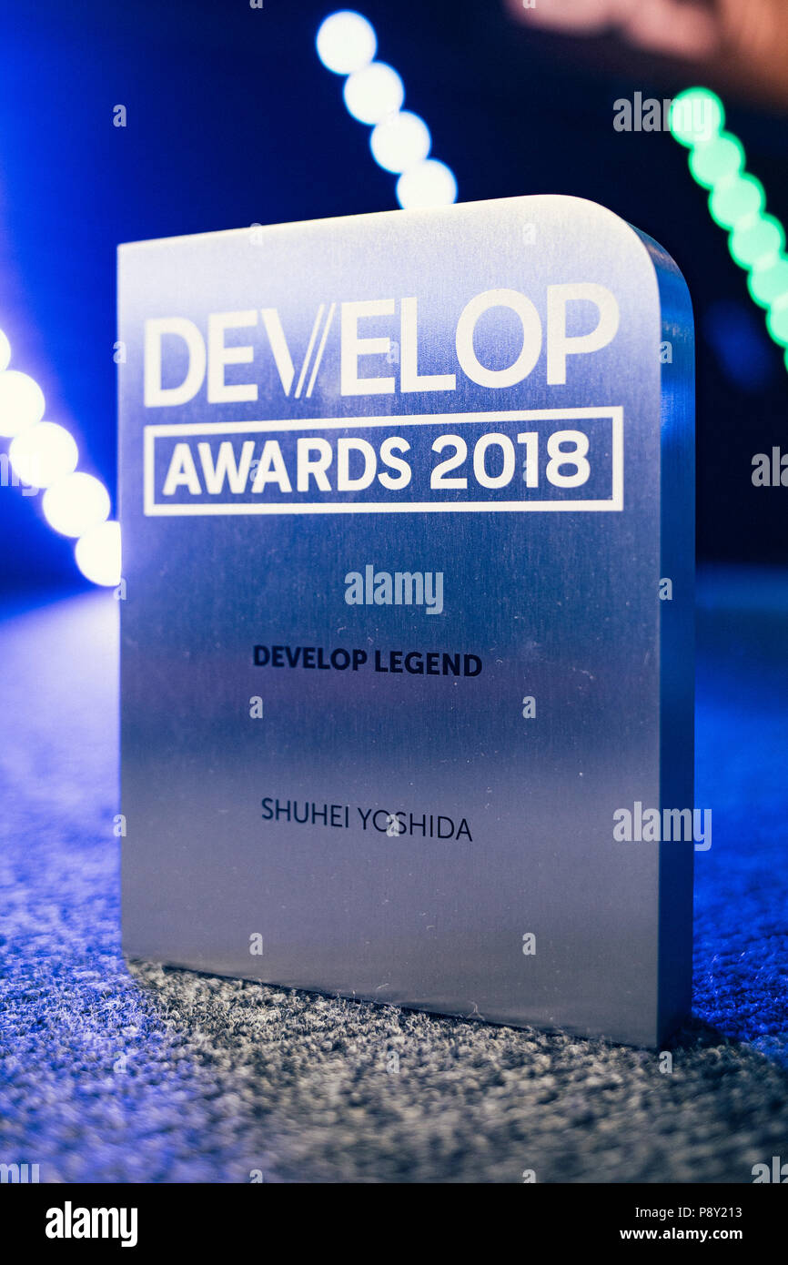 Brighton - July 11 2018: The President of Sony Interactive Entertainment, Shuhei Yoshida, accepts his award for Develop Legend at Brightons Develop Co Stock Photo