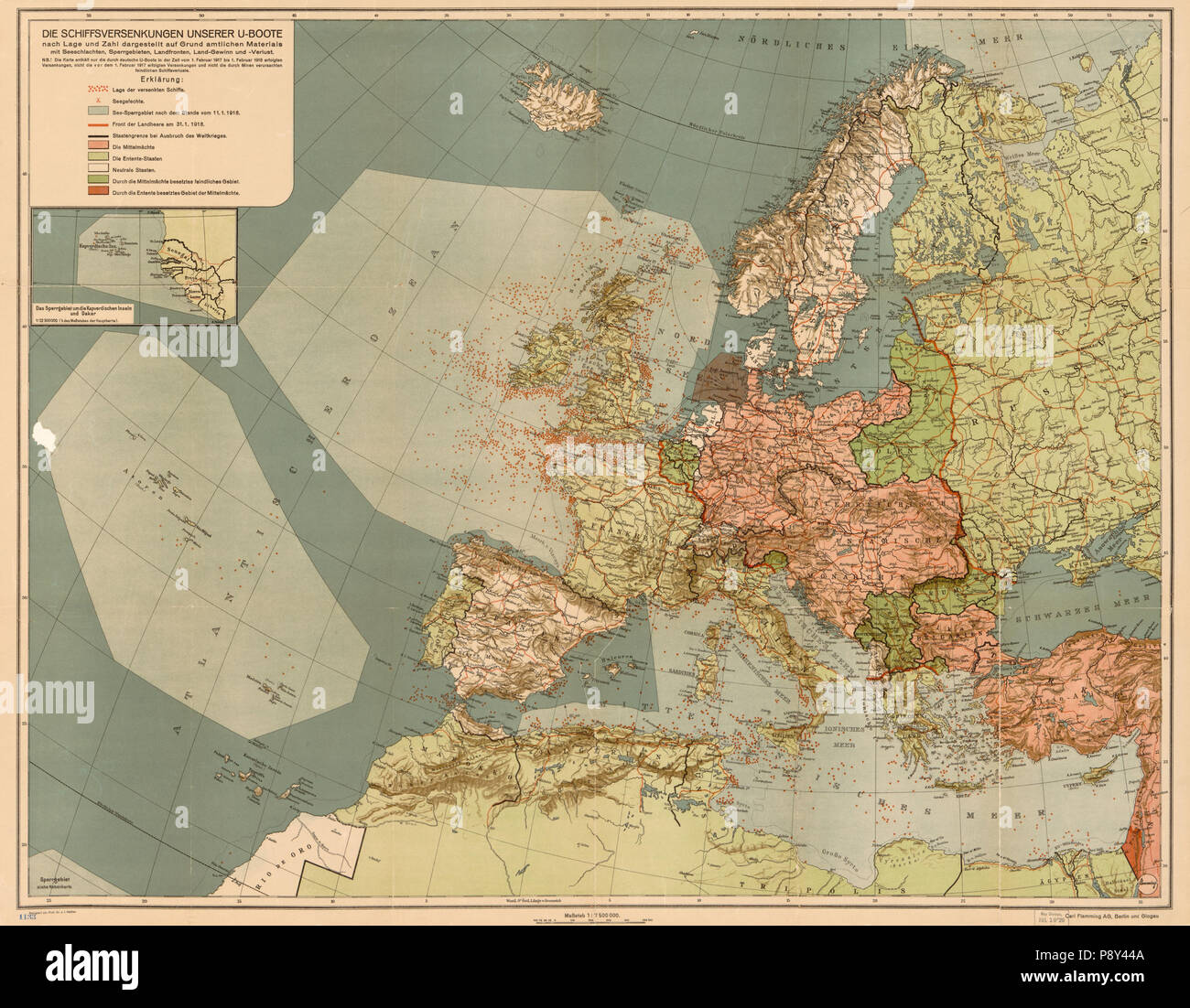 .   258 Die Schiffsversenkungen unserer U-Boote - nach Lage und Zahl dargestellt auf Grund amtlichen Materials mit Seeschlachten, Sperrgebieten, Landfronten, Land-Gewinn und -Verlust LOC 2016432165 Stock Photo