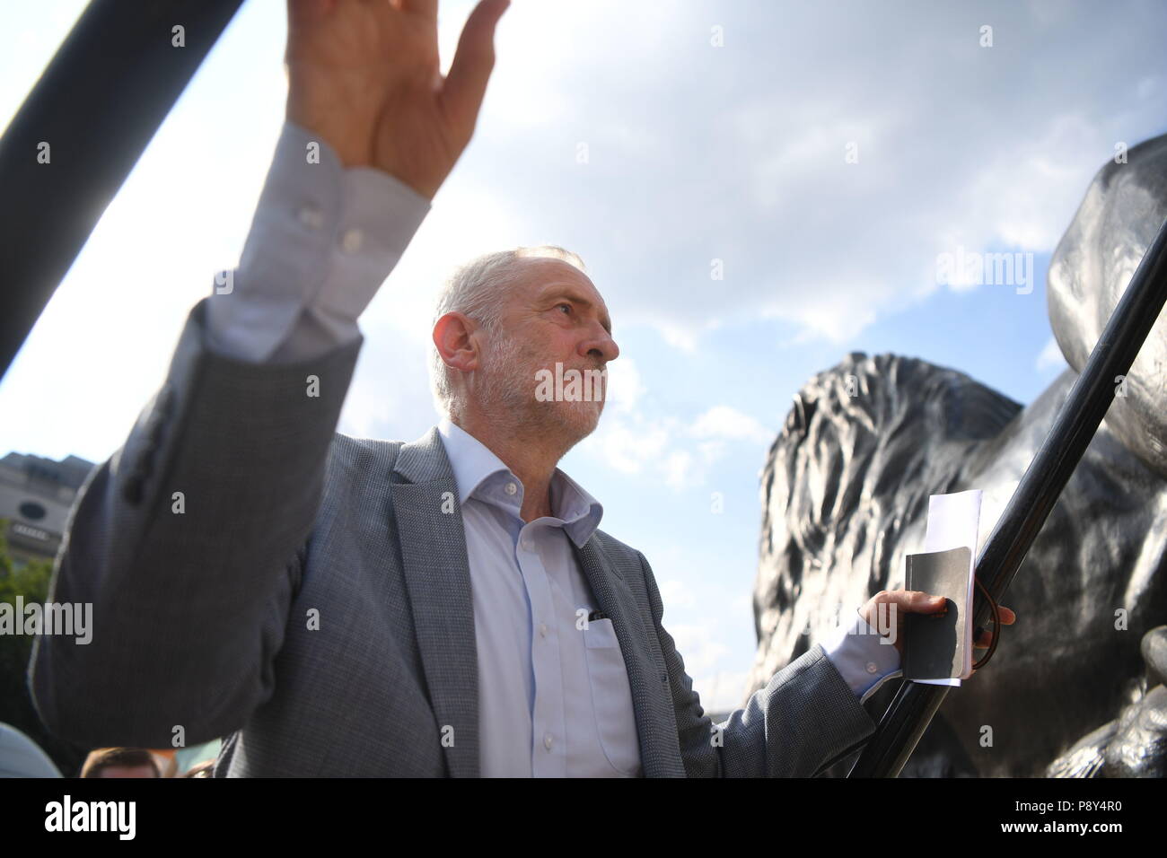 Labour leader Jeremy Corbyn joins demonstrators in London's Trafalgar Square, during protests against the visit of US President Donald Trump to the UK. Stock Photo