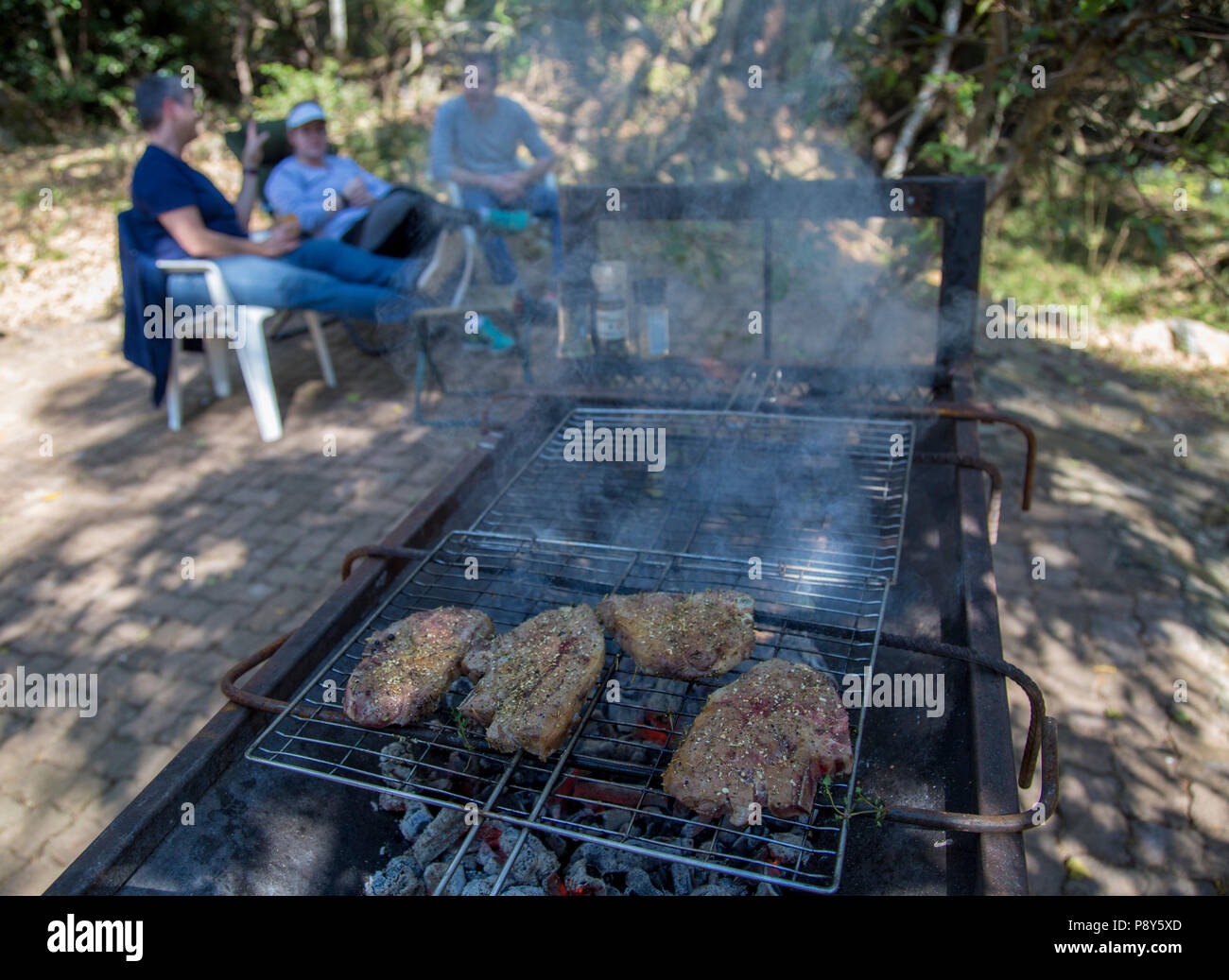 Casual outdoor setting with a family talking with a braai in the foreground Stock Photo