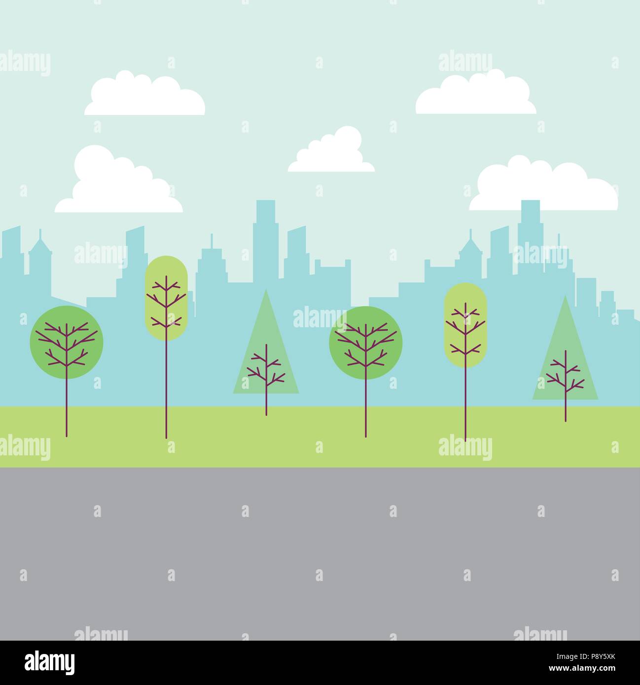 park and city road buildings many trees vector illustration Stock ...