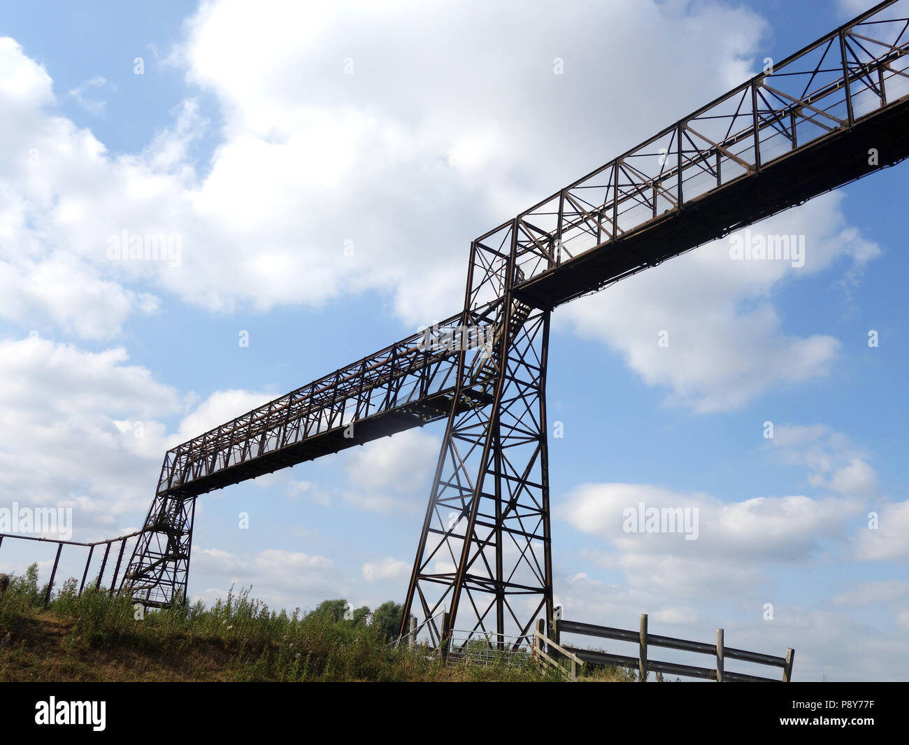 Very long pipe gantry over the River Don in Doncaster, South Yorkshire