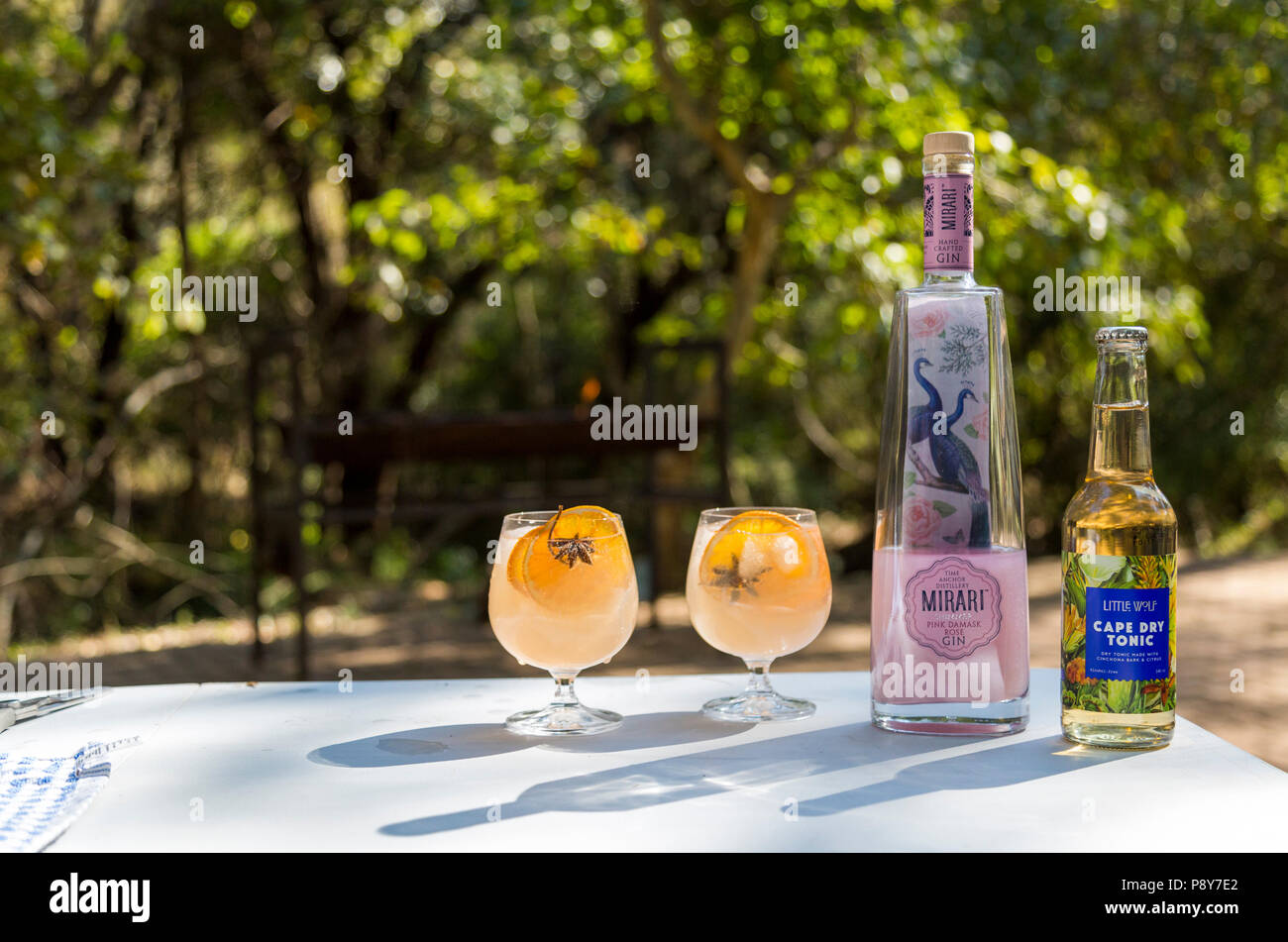Gin and tonic standing on an outdoor table Stock Photo