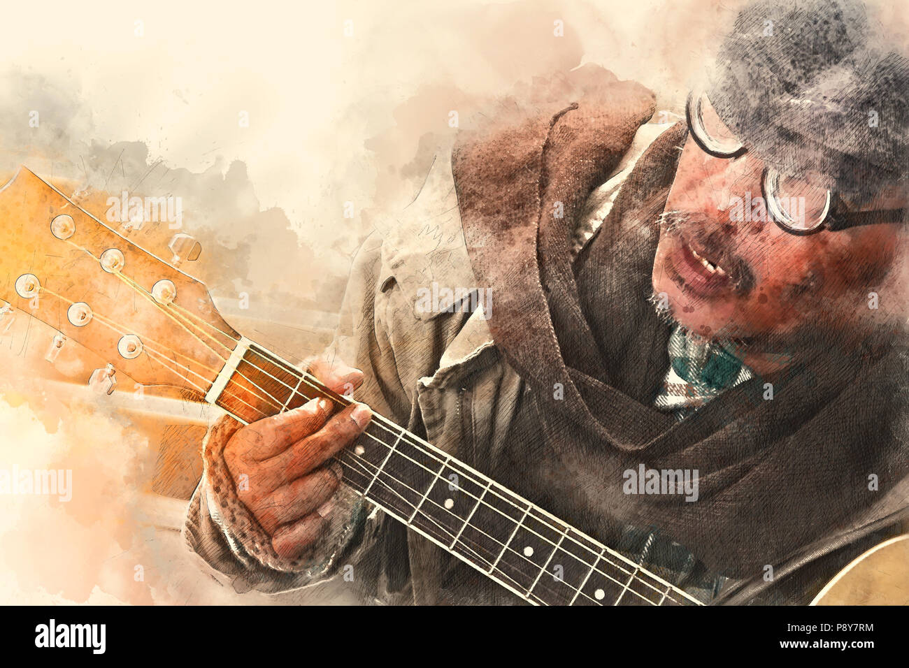 Abstract beautiful homeless man playing Guitar in the foreground on  Watercolor painting background and Digital illustration brush to art Stock  Photo - Alamy