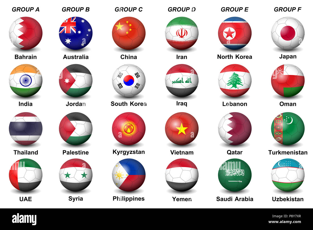soccer balls flags countries asian tournament Stock Photo