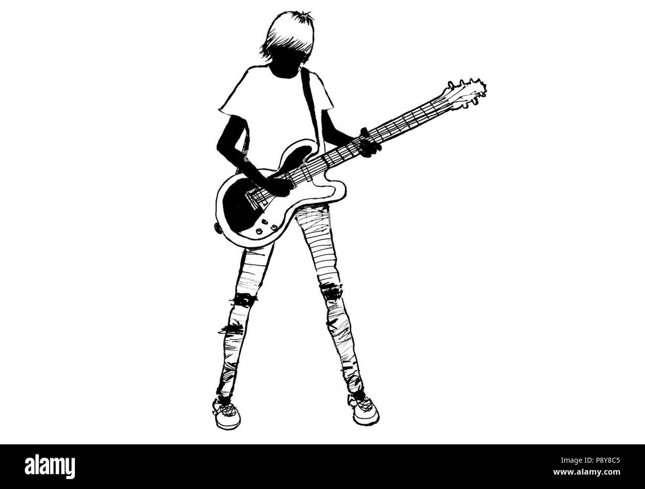 Ink drawing teen plays electric guitar Stock Photo