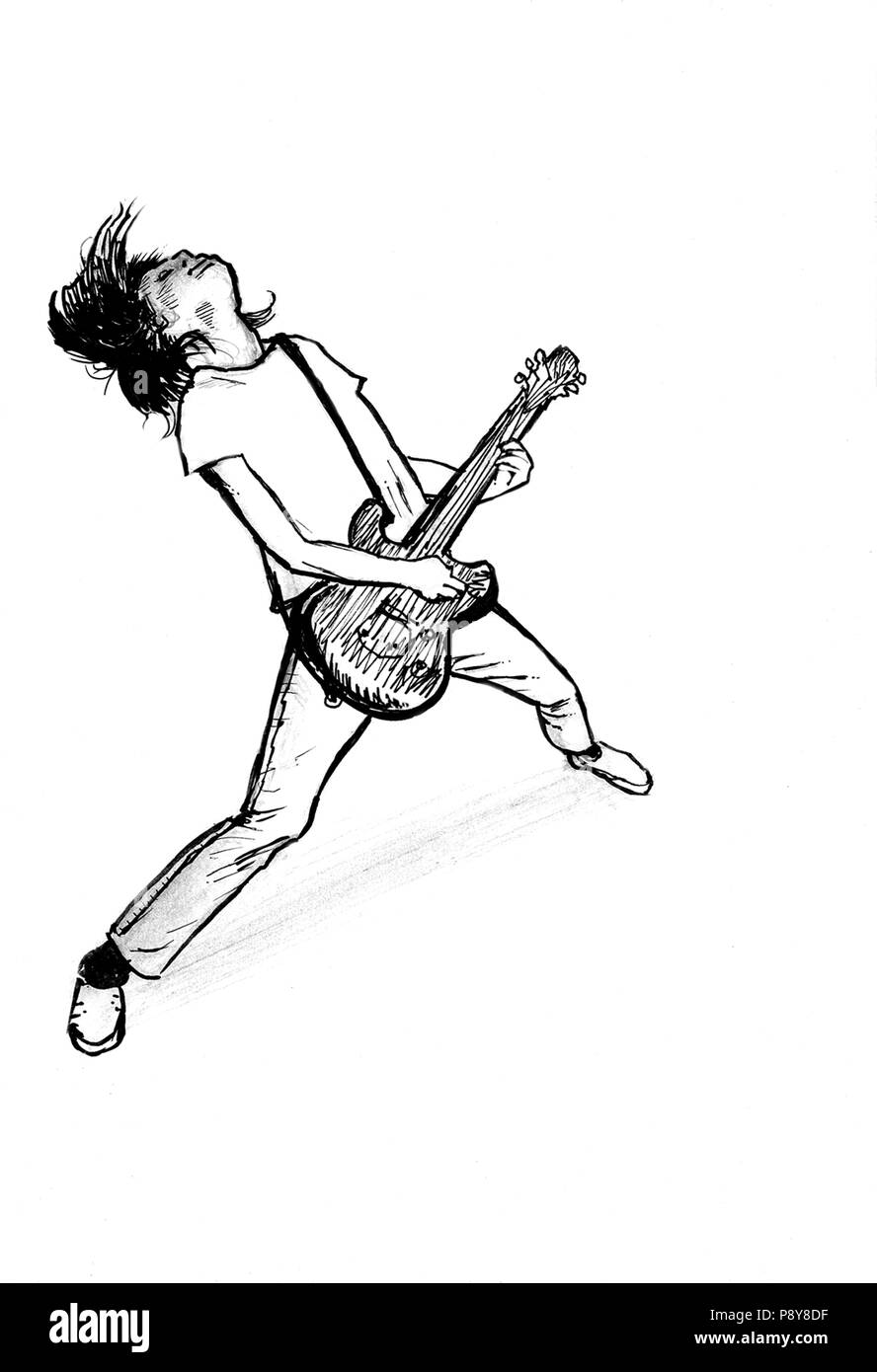 Ink drawing man plays electric guitar Stock Photo