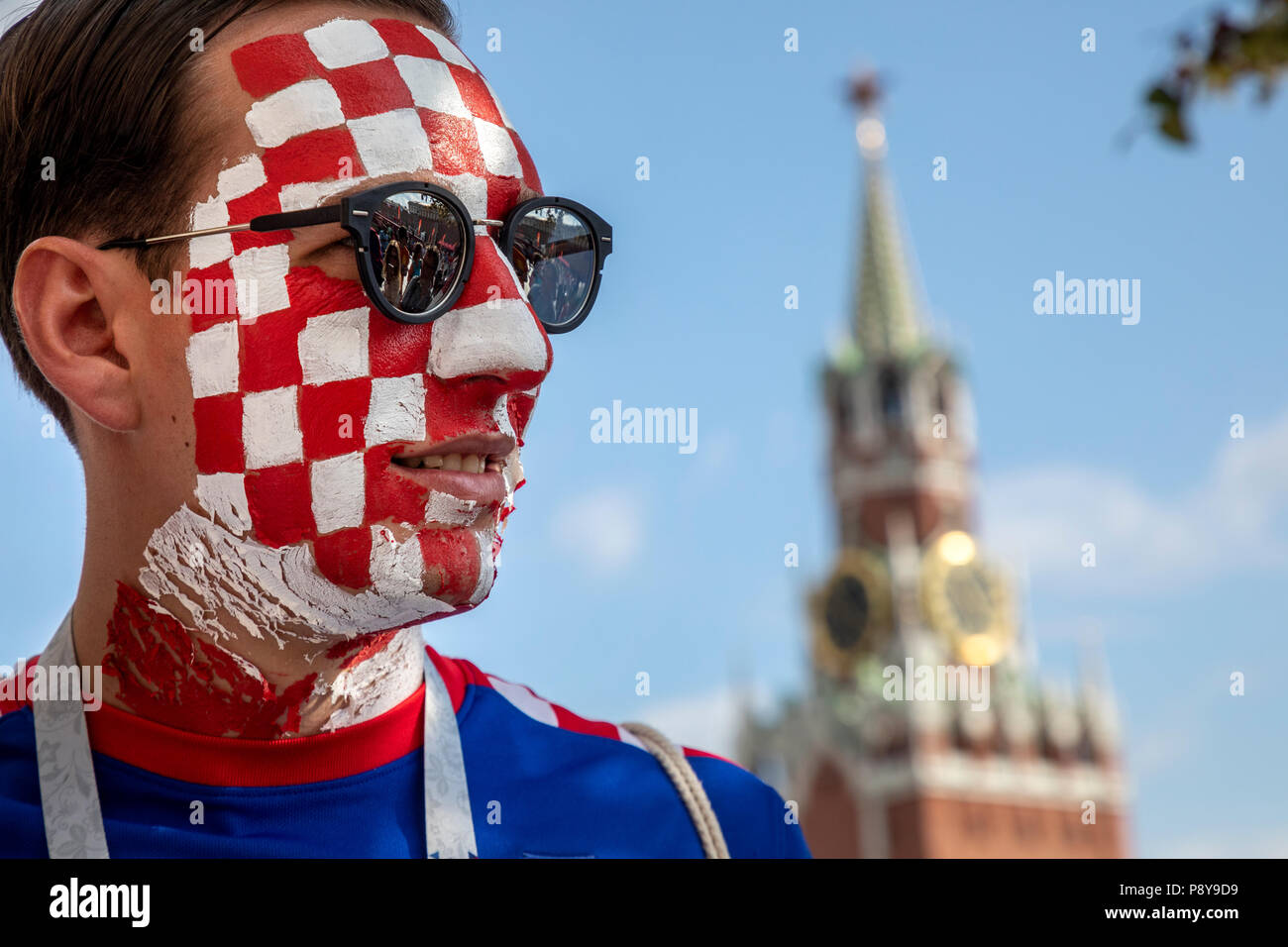 Croatian football fan cheer on the Red Square in Moscow during the World Cup FIFA 2018 Russia Stock Photo
