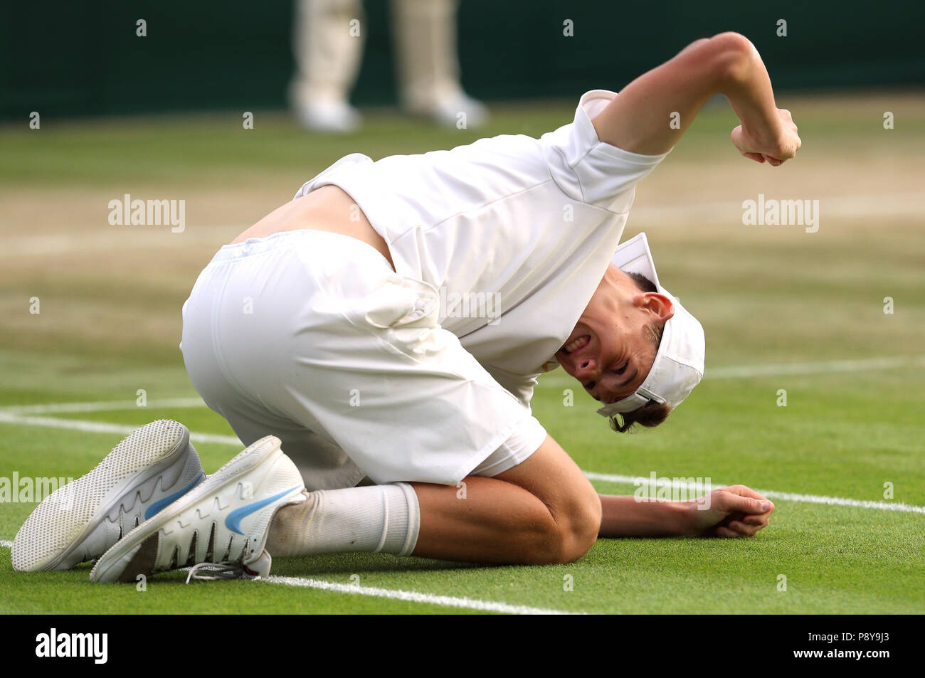Jack Draper celebrates his win against Nicolas Mejia after their match that finished 7-6 (7/5) 6-7 (6/8) 19-17 after four hours and 24 minutes on day eleven of the Wimbledon Championships at the All England Lawn Tennis and Croquet Club, Wimbledon. Stock Photo