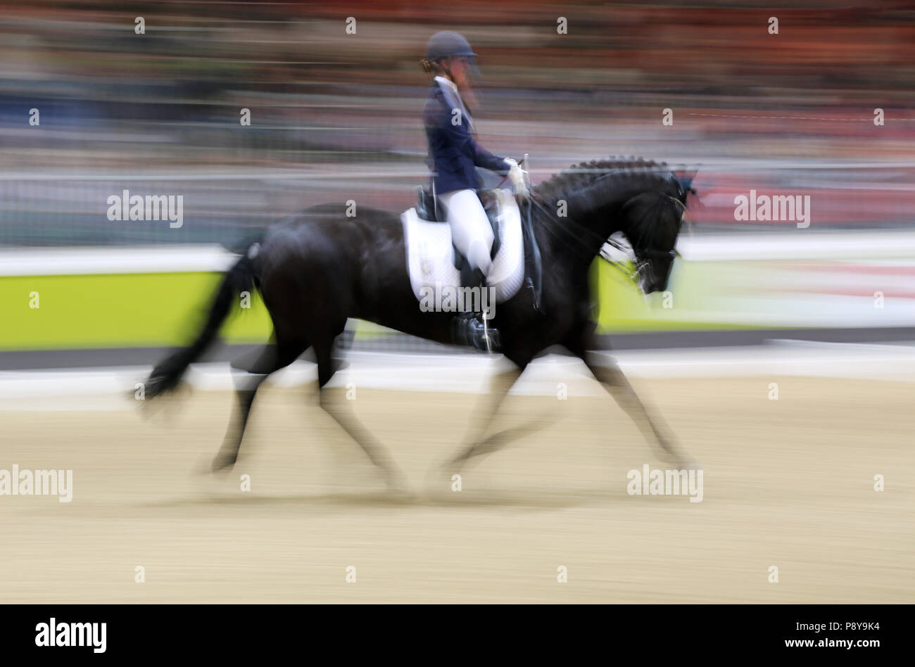 Berlin, dynamics, dressage rider and horse in strong trot Stock Photo