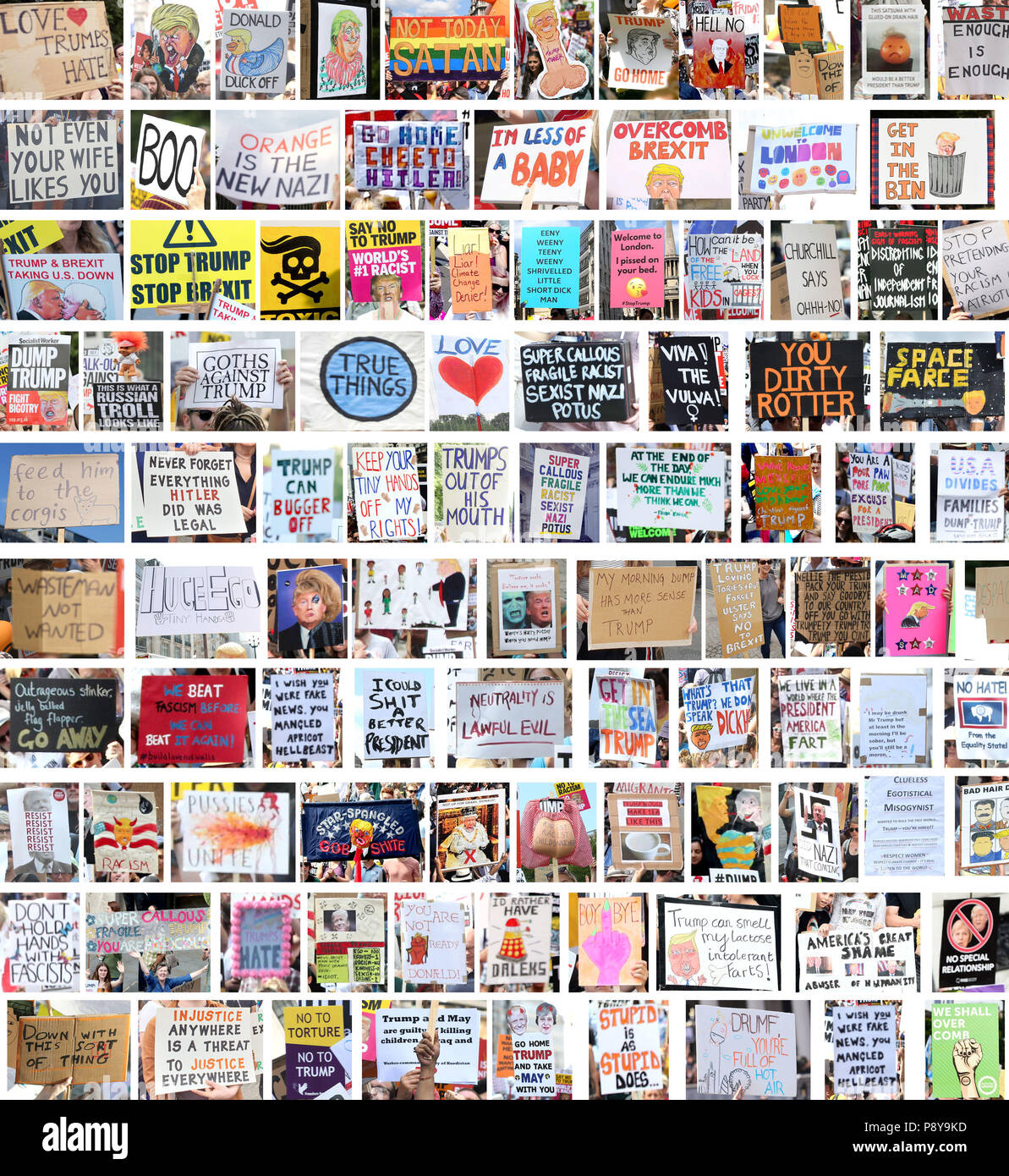 A composite image of 100 protest posters from throughout the UK, as part of the protests against the visit of US President Donald Trump. Stock Photo