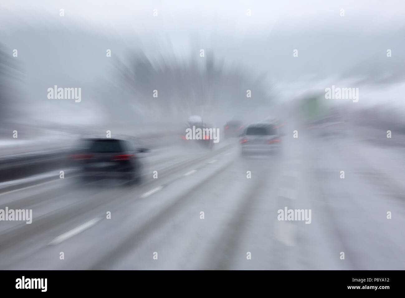 Hermsdorf, Germany, dynamics, poor visibility on the A9 motorway in snowfall Stock Photo