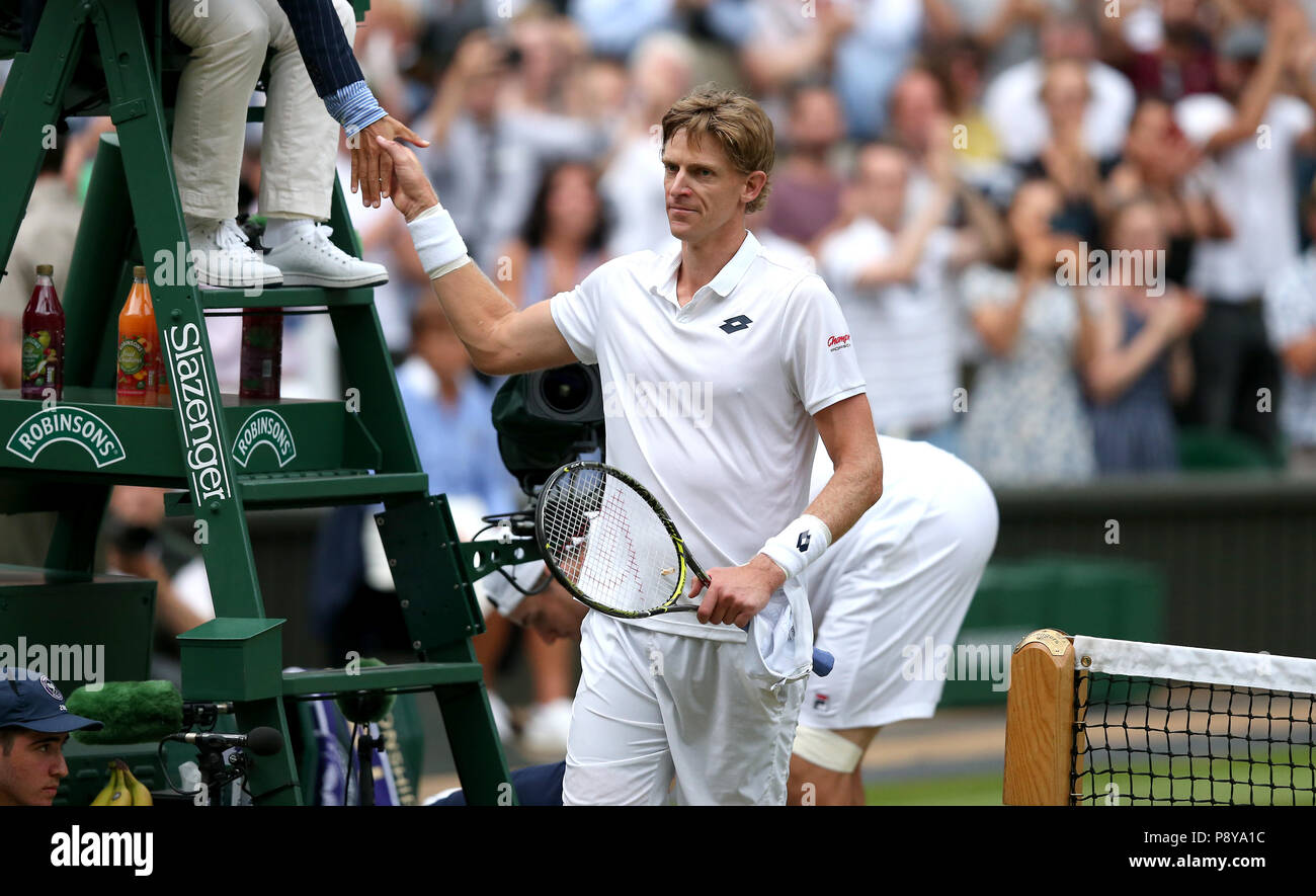 South African eighth seed Kevin Anderson celebrates having reached his first Wimbledon final, beating American ninth seed John Isner 7-6 (8/6) 6-7 (5/7) 6-7 (9/11) 6-4 26-24 in the longest semi-final in the tournament's history on day eleven of the Wimbledon Championships at the All England Lawn tennis and Croquet Club, Wimbledon. PRESS ASSOCIATION Photo. Picture date: Friday July 13, 2018. See PA story tennis Wimbledon. Photo credit should read: Steven Paston/PA Wire. RESTRICTIONS: Editorial use only. No commercial use without prior written consent of the AELTC. Still image use only - no mo Stock Photo