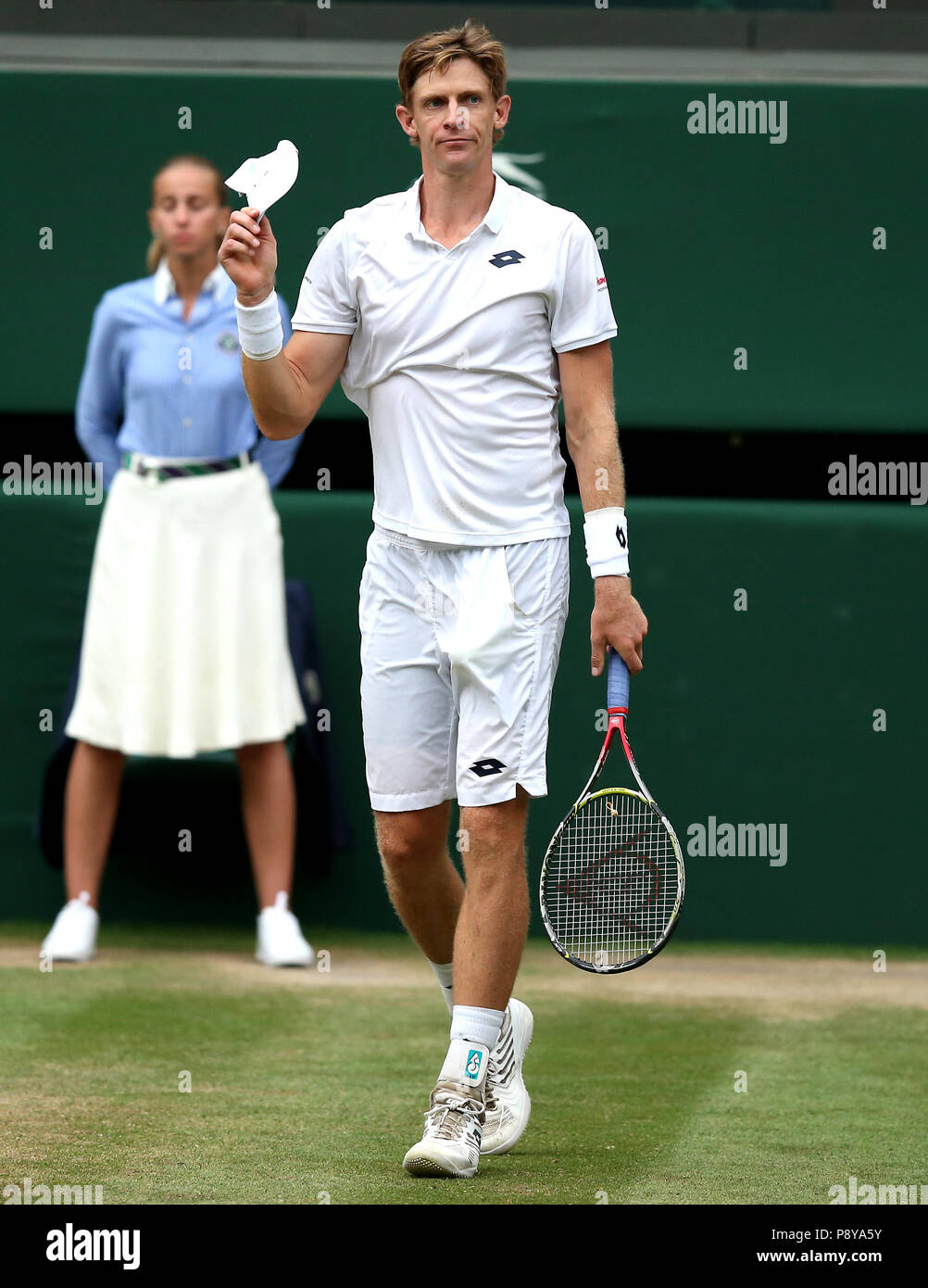 South African eighth seed Kevin Anderson celebrates having reached his first Wimbledon final, beating American ninth seed John Isner 7-6 (8/6) 6-7 (5/7) 6-7 (9/11) 6-4 26-24 in the longest semi-final in the tournamentâ€™s history on day eleven of the Wimbledon Championships at the All England Lawn Tennis and Croquet Club, Wimbledon. PRESS ASSOCIATION Photo. Picture date: Friday July 13, 2018. See PA story TENNIS Wimbledon. Photo credit should read: Steven Paston/PA Wire. RESTRICTIONS: Editorial use only. No commercial use without prior written consent of the AELTC. Still image use only - no mo Stock Photo