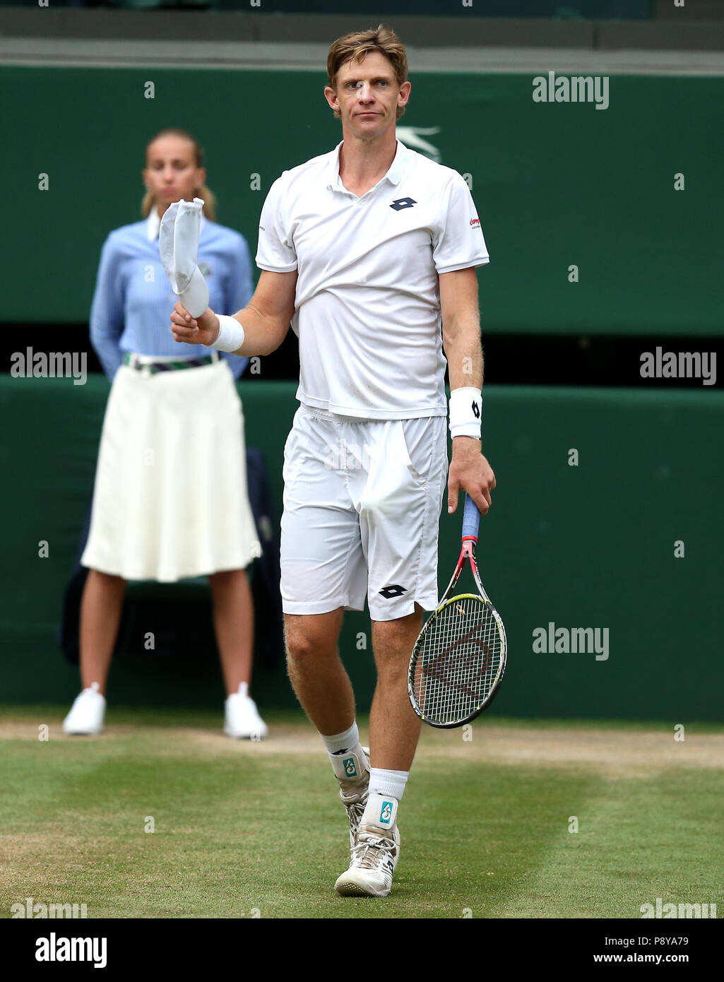 South African eighth seed Kevin Anderson celebrates having reached his first Wimbledon final, beating American ninth seed John Isner 7-6 (8/6) 6-7 (5/7) 6-7 (9/11) 6-4 26-24 in the longest semi-final in the tournament's history on day eleven of the Wimbledon Championships at the All England Lawn Tennis and Croquet Club, Wimbledon. PRESS ASSOCIATION Photo. Picture date: Friday July 13, 2018. See PA story TENNIS Wimbledon. Photo credit should read: Steven Paston/PA Wire. RESTRICTIONS: . No commercial use without prior written consent of the AELTC. Still image use only - no moving images to Stock Photo