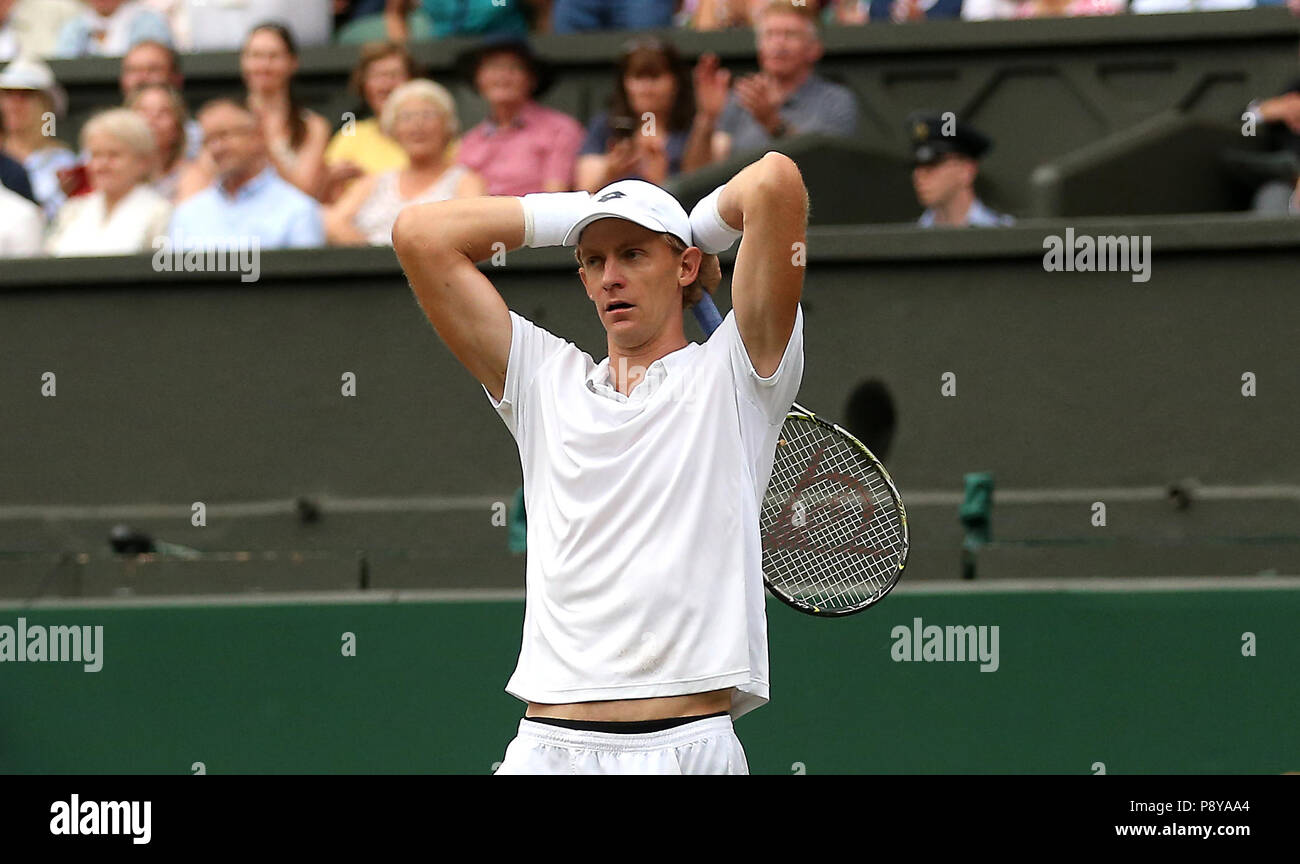 South African eighth seed Kevin Anderson celebrates having reached his first Wimbledon final, beating American ninth seed John Isner 7-6 (8/6) 6-7 (5/7) 6-7 (9/11) 6-4 26-24 in the longest semi-final in the tournamentâ€™s history on day eleven of the Wimbledon Championships at the All England Lawn Tennis and Croquet Club, Wimbledon. Stock Photo
