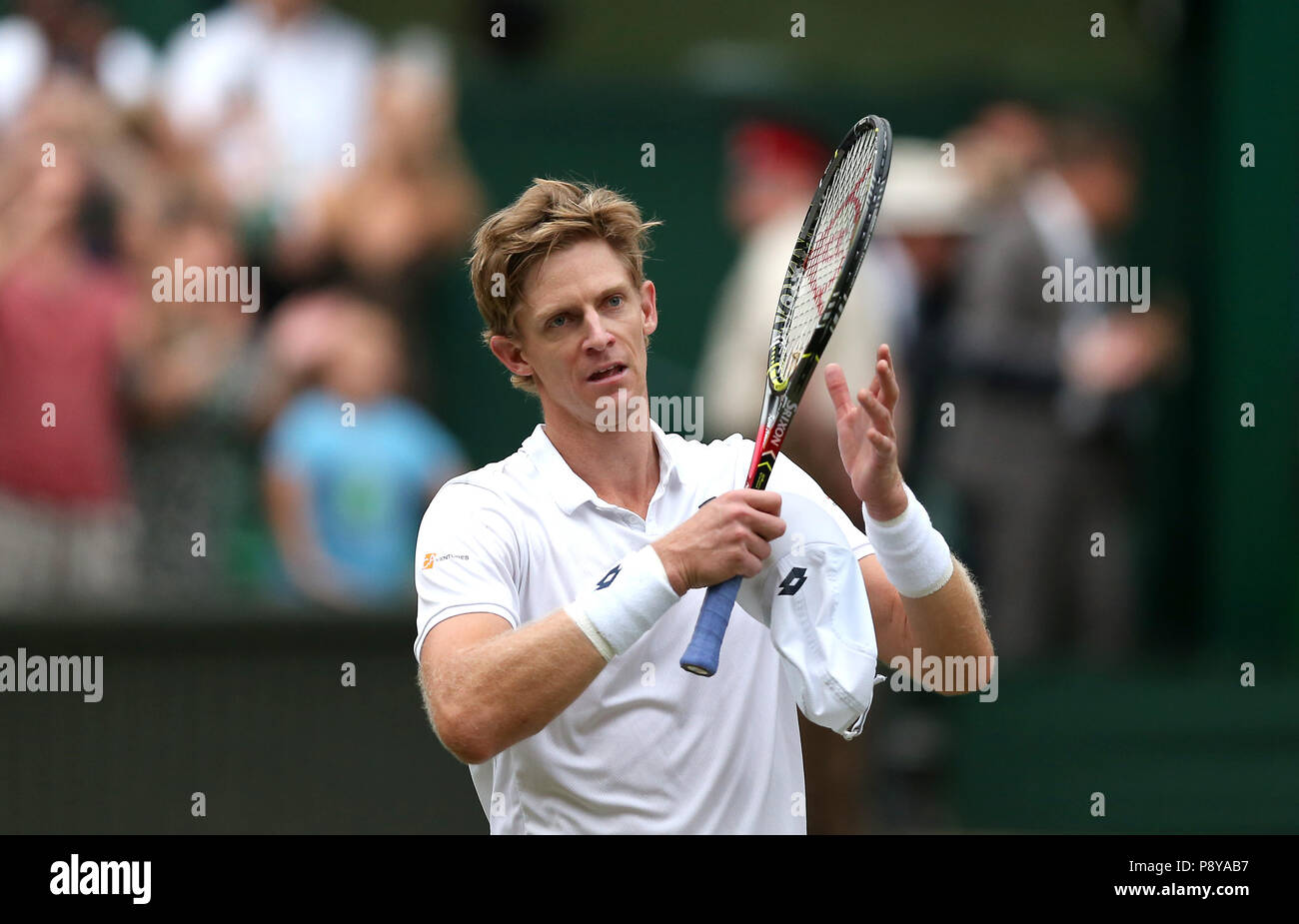 South African eighth seed Kevin Anderson celebrates having reached his first Wimbledon final, beating American ninth seed John Isner 7-6 (8/6) 6-7 (5/7) 6-7 (9/11) 6-4 26-24 in the longest semi-final in the tournamentâ€™s history on day eleven of the Wimbledon Championships at the All England Lawn Tennis and Croquet Club, Wimbledon. Stock Photo