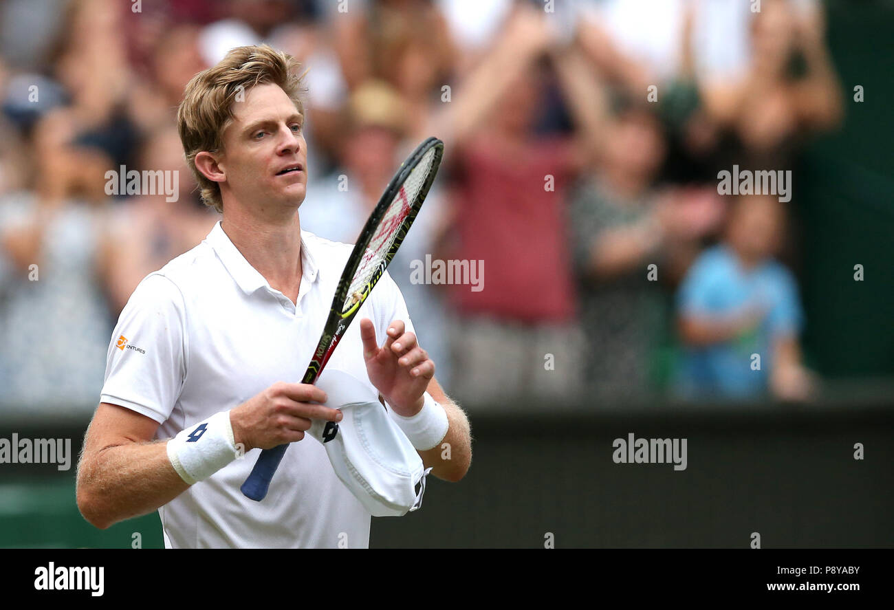 South African eighth seed Kevin Anderson celebrates having reached his first Wimbledon final, beating American ninth seed John Isner 7-6 (8/6) 6-7 (5/7) 6-7 (9/11) 6-4 26-24 in the longest semi-final in the tournament's history on day eleven of the Wimbledon Championships at the All England Lawn Tennis and Croquet Club, Wimbledon. Stock Photo