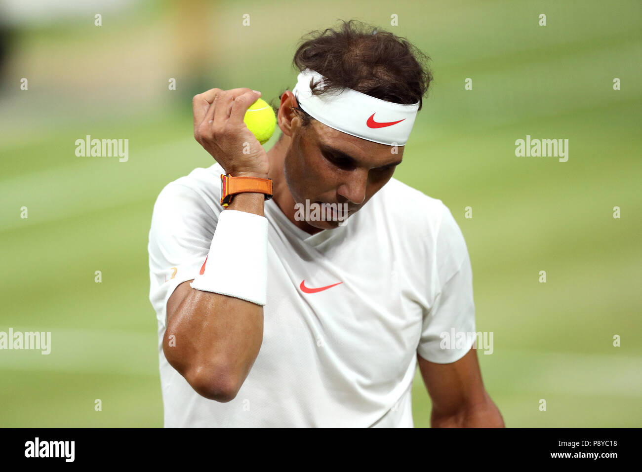 Rafael Nadal on day eleven of the Wimbledon Championships at the All England Lawn Tennis and Croquet Club, Wimbledon. PRESS ASSOCIATION Photo. Picture date: Friday July 13, 2018. See PA story TENNIS Wimbledon. Photo credit should read: Jonathan Brady/PA Wire. Stock Photo