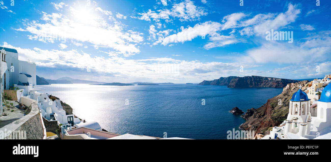 Panorama of the caldera on the island of Santorini, Greece. Stock Photo