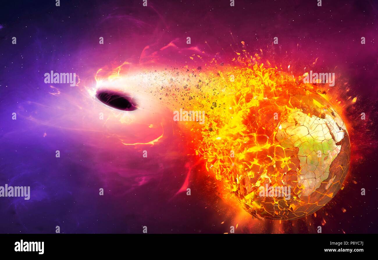 Illustration of Earth being consumed by a black hole. As the planet ...