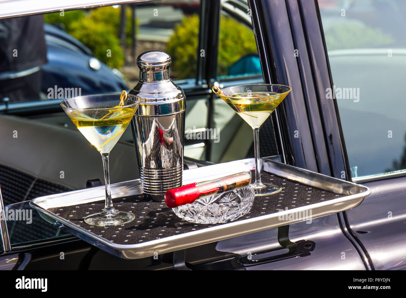Martini Shaker, Glasses & Cigar On Car Hop Serving Tray Stock Photo