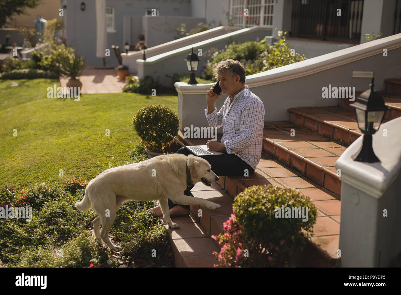 Senior man talking on mobile phone while using laptop Stock Photo