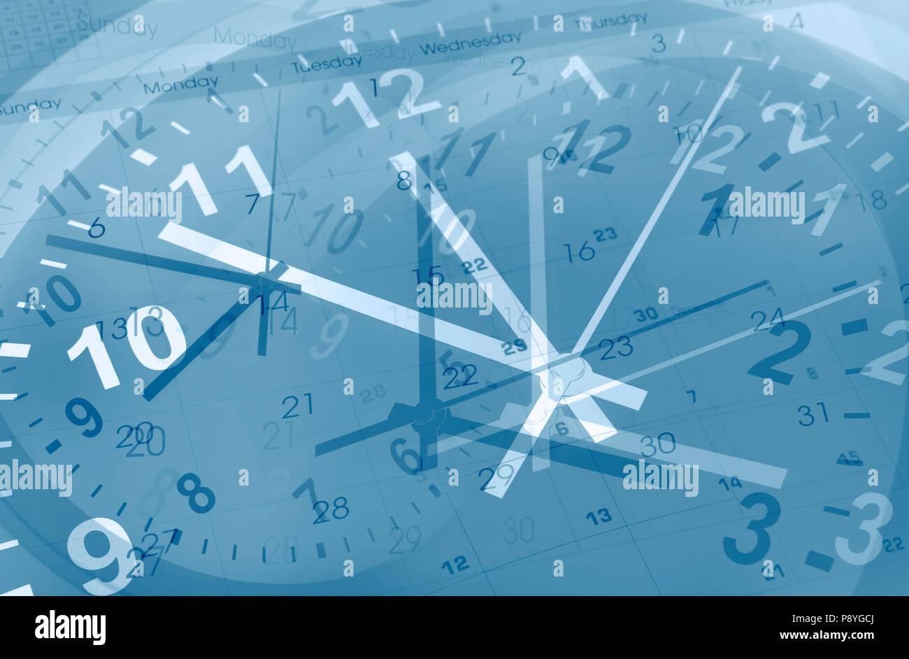 Clocks and calendars composite. Blue tone Stock Photo Alamy