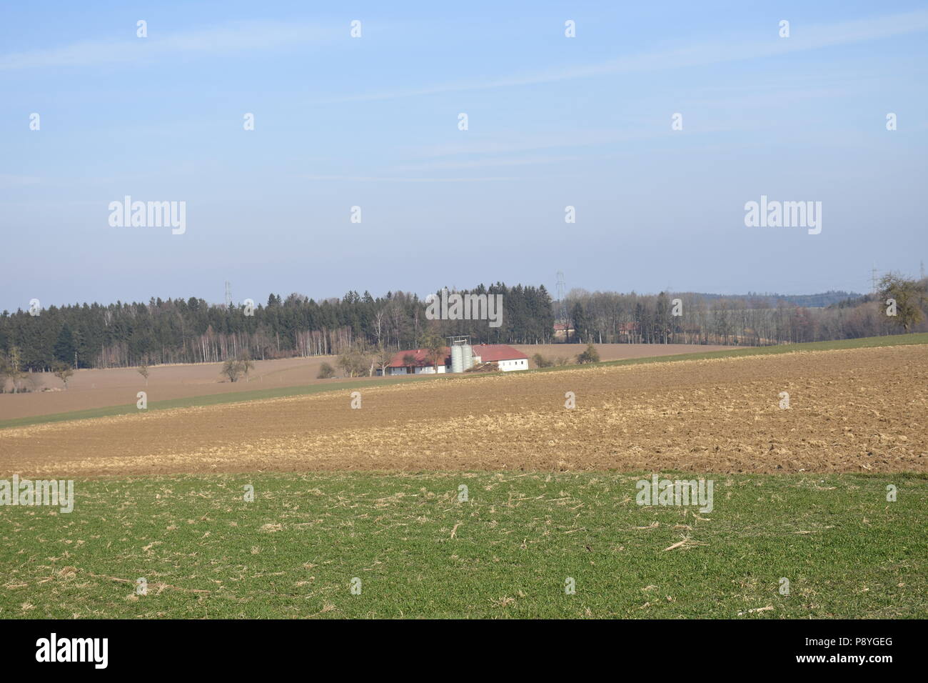 Ernsthofen, Winter, Mostviertel, Feld, Felder, Acker, Morgendämmerung, Dämmerung, Sonnenaufgang, Landwirtschaft, Vierkanter, Bauernhof, Landstraße, Fe Stock Photo