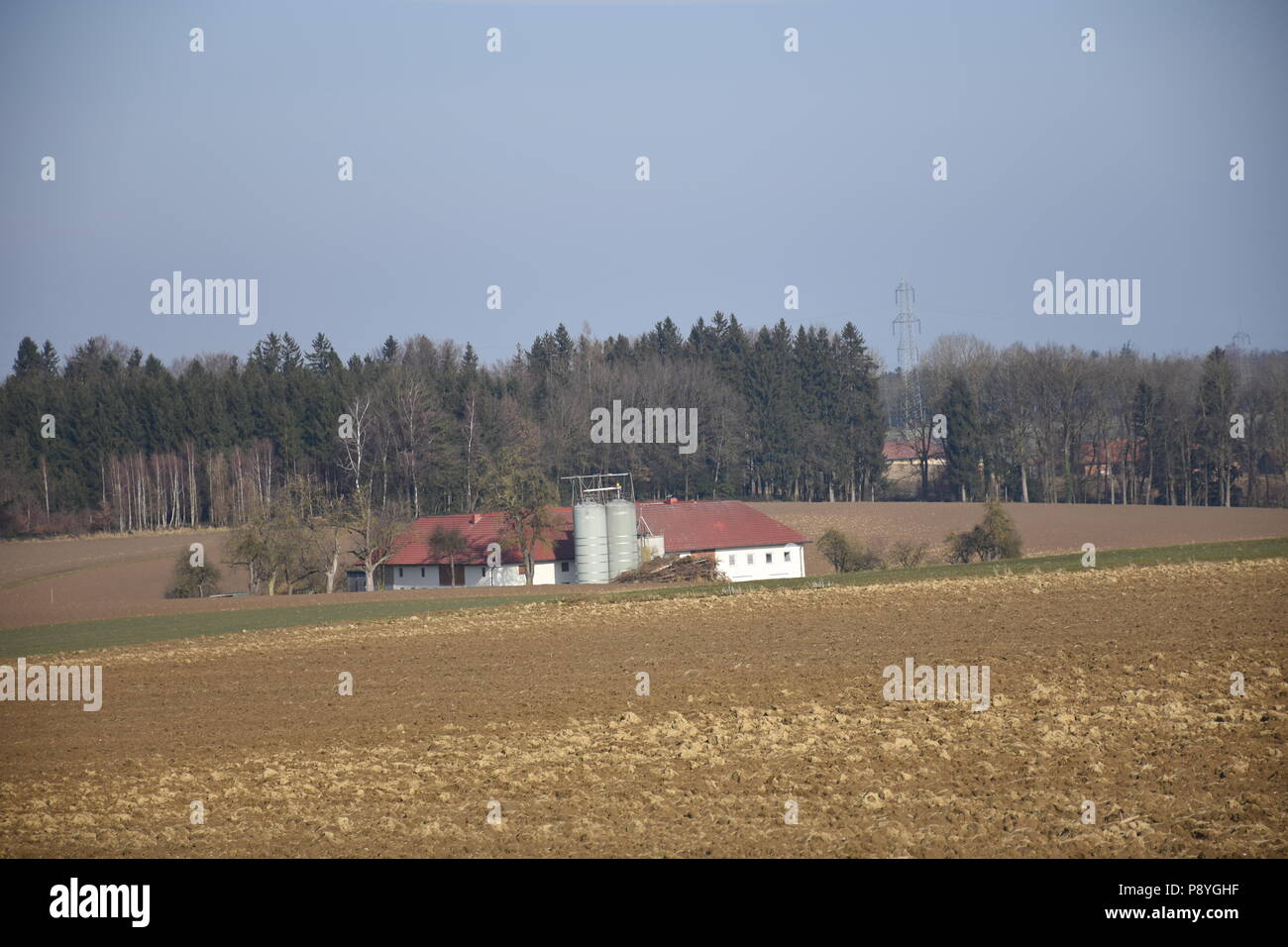 Ernsthofen, Winter, Mostviertel, Feld, Felder, Acker, Morgendämmerung, Dämmerung, Sonnenaufgang, Landwirtschaft, Vierkanter, Bauernhof, Landstraße, Fe Stock Photo