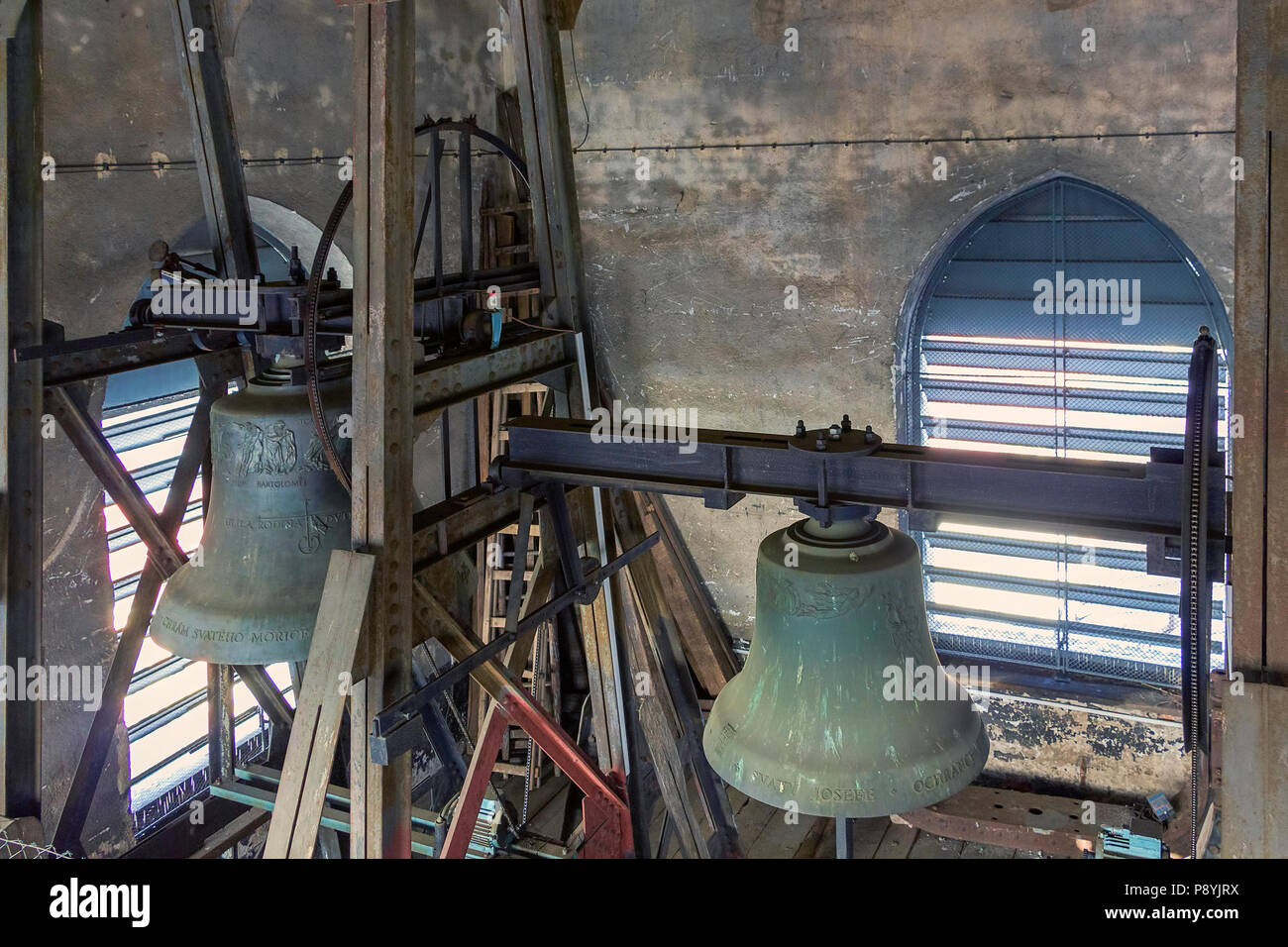 Two bells in an tower of old church. Stock Photo
